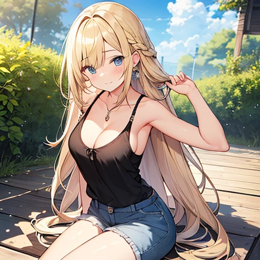 masterpiece、highest quality,Very detailed, Absurd beauty、1 beautiful girl、 (Long Hair、Braided hair、blonde、Ample breasts)、Outdoor、sleep、Keep your head small、Casual clothing、Summer clothes、Black tank top、Shorts