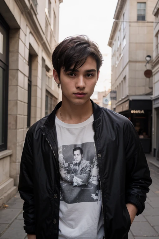 15 year old , boy , young , hyper_realism , standing next to mirros , selfie , 1 person , chiseled jawline, black hair , jacket , male , short hair , wearing Armani