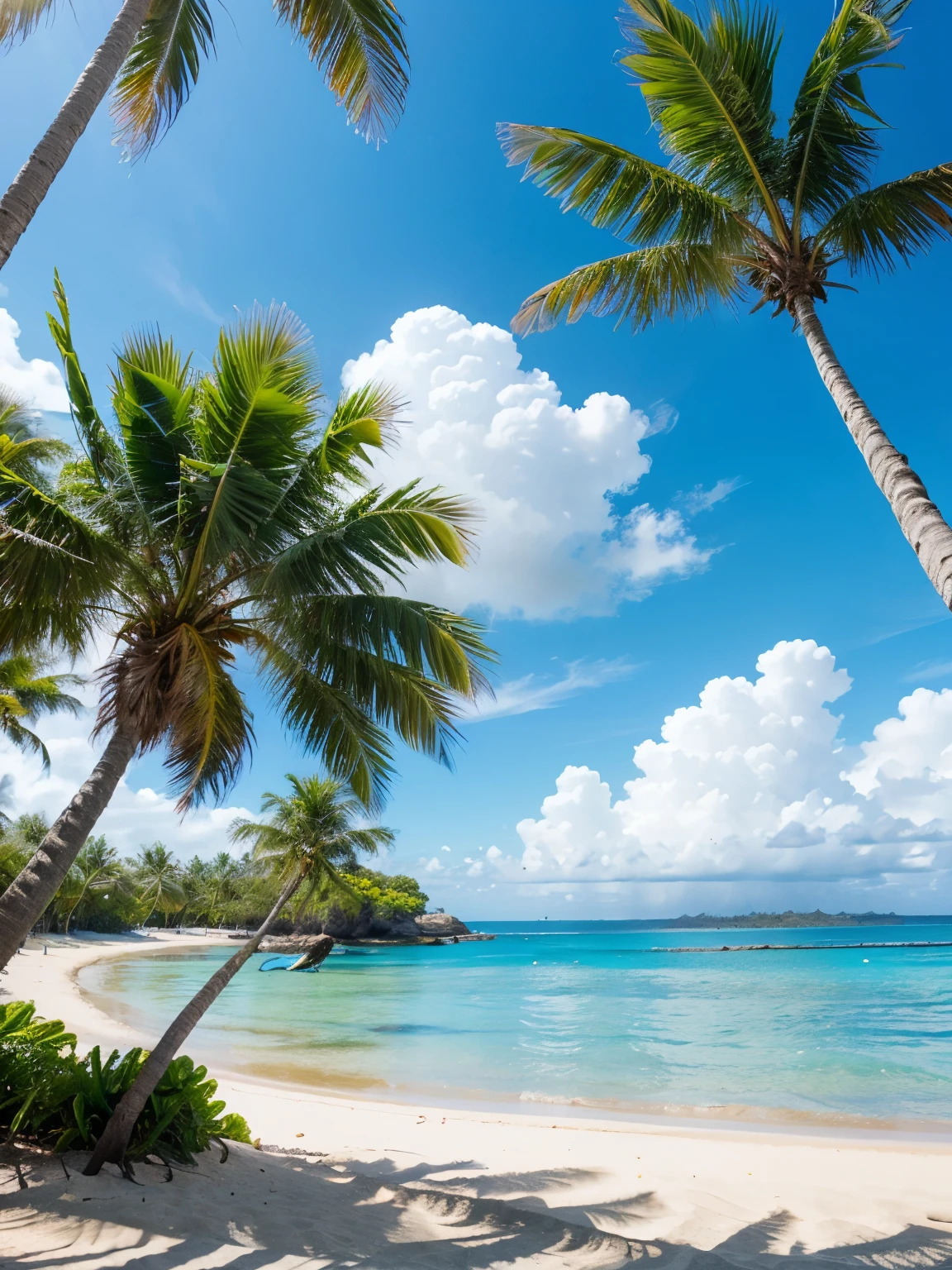 Tropical, Sunny, Lively, beach, palm tree, The sky is clear., Blue Ocean, relax, day off, spare time, photograph