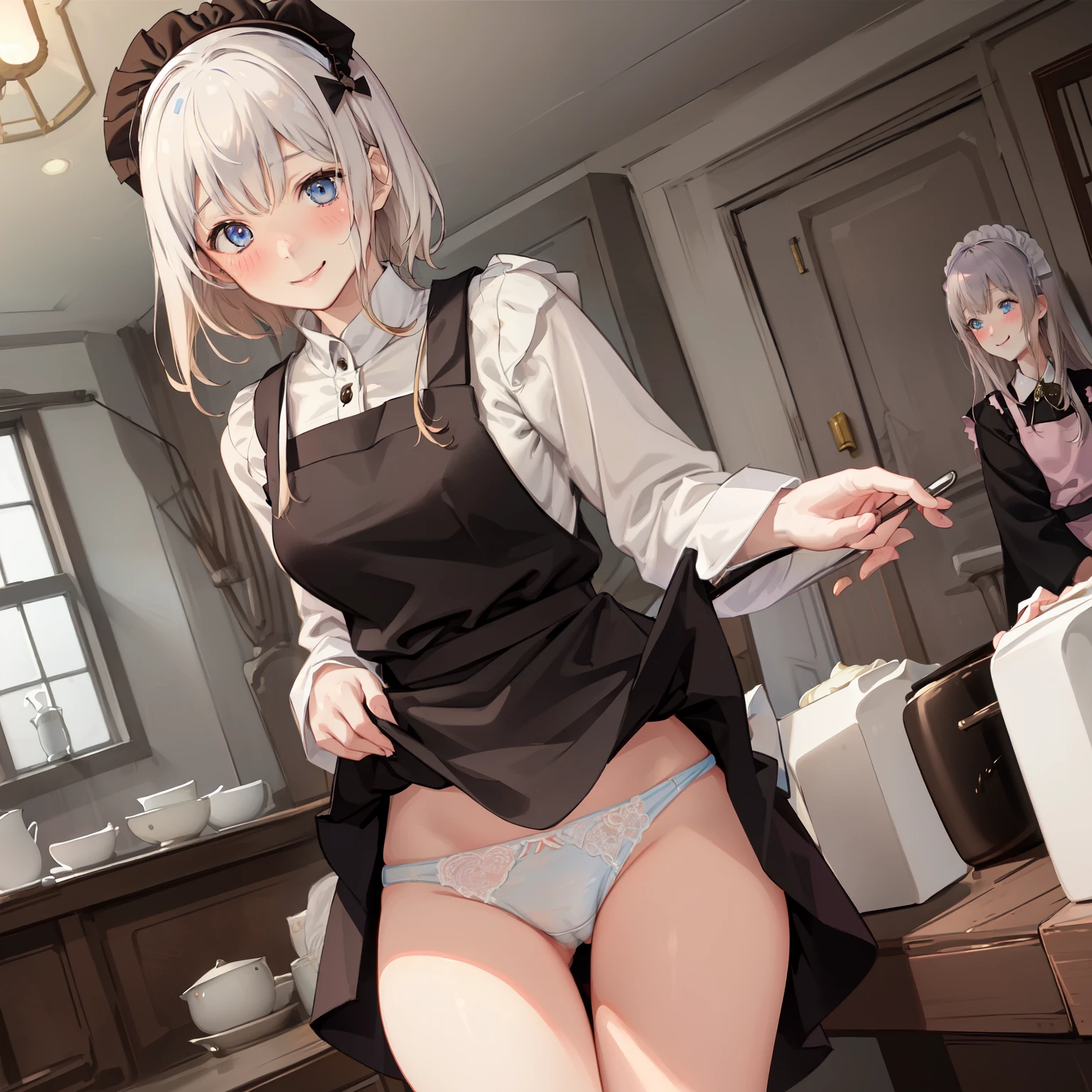 highest quality、masterpiece、((2 women))、((smile:1.3))、(blush:1.3)、Black Shirt、blouse、((fun!!))、(Small breasts)、()、Blonde、(Long sleeve)、((White apron:1.5))、((Maid))、((hair ornaments)),、Kamimei、look at me、 ((in house:1.5))、 Taking a break from watching the audience、Cowboy Shot、(Skirt lift:1.3),(Highly detailed white panties:1.3)、(Highly detailed panties:1.3)、、(スカート that rolls up:1.3)、(Panties fully exposed:1.5)、Light blue eyes、long hair、Glowing Eyes