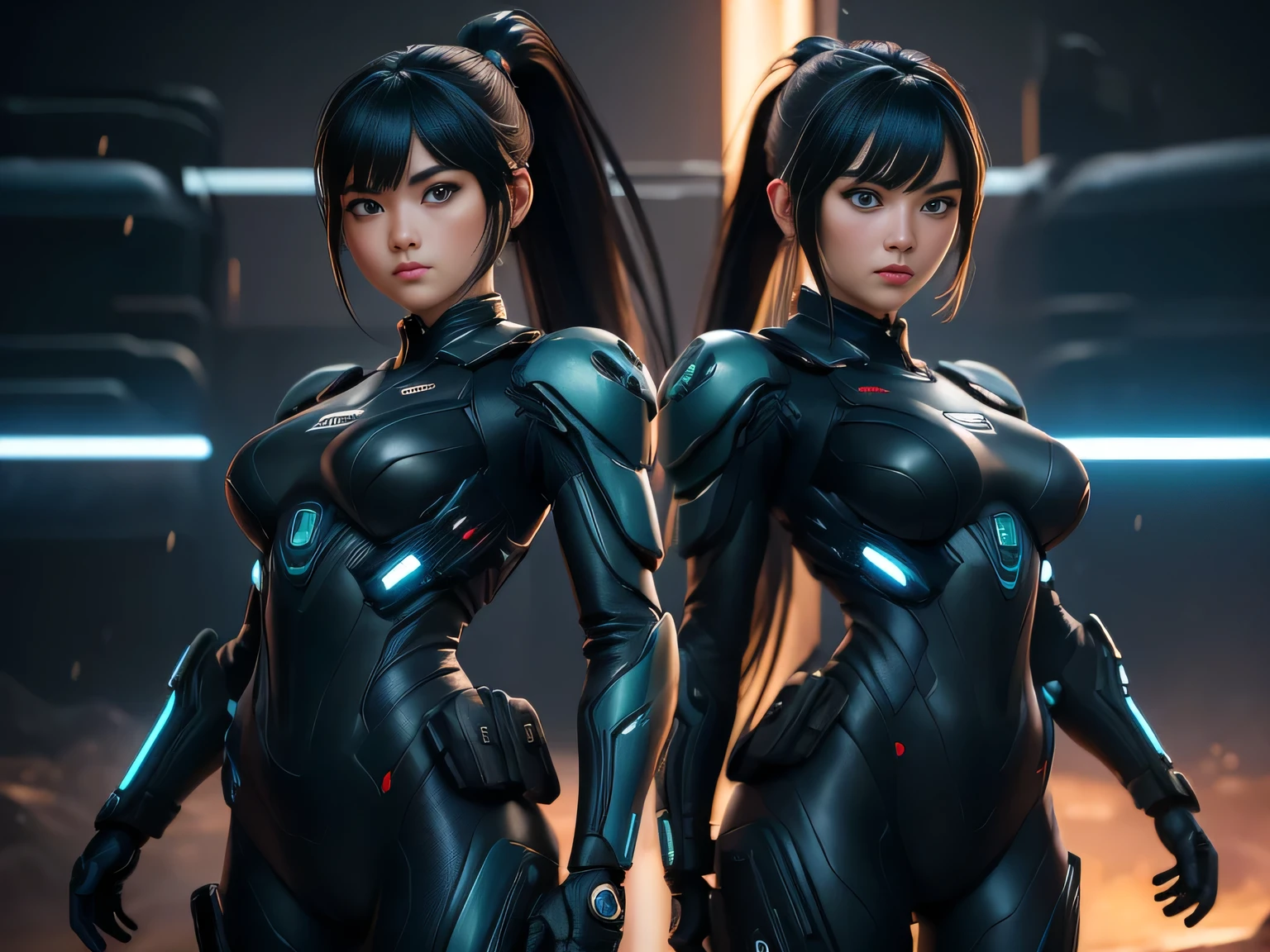 (Zero Set:1), (Samus:1), (Black sci-fi suit:1), (Black suit:1.2), By Rubio, Long Ponytail, (Tactical clothing), (sosteniendo un Sci-fi weapons), (Sci-fi weapons), cartoony facial features, Big round eyes, Bangs hair, (Realist:1.2),  (masterpiece:1.2), (Full body image:1),(Cowboy shooting:1.2), Light Particles, Space Background, neon lights, Dark romantic lighting, (Very detailed:1.2),(Detailed face:1.2), (Gradient), Gorgeous, delicate eyes,  (Detailed landscape:1.2), (natural lighting:1.2),(Detailed background),Detailed landscape, (Dynamic poses:1.2), Plano General, Entrance