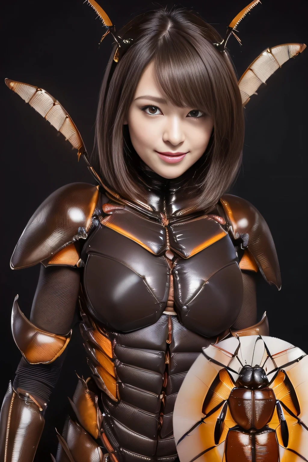 (high resolution,masterpiece,best quality,extremely detailed CG, anime, official art:1.4), realistic, photo, amazing fine details, all intricate, gloss and shiny,awesome many layers, 8k wall paper, 3d, sketch, kawaii, illustration,( solo:1.4), perfect female proportion,villainess, (fusion of dark brown cockroach and lady:1.4), (brown cockroach form lady:1.2), (brown cockroach lady:1.2), (fusion:1.2), (solo:1.4), (evil smile:1.2), muscular, abs, (cockroach brown exoskeleton bio insect suit:1.4), (cockroach brown exoskeleton bio insect armor:1.2), (brown transparency cockroach wing:1.4), (brown cockroach antennae:1.3),