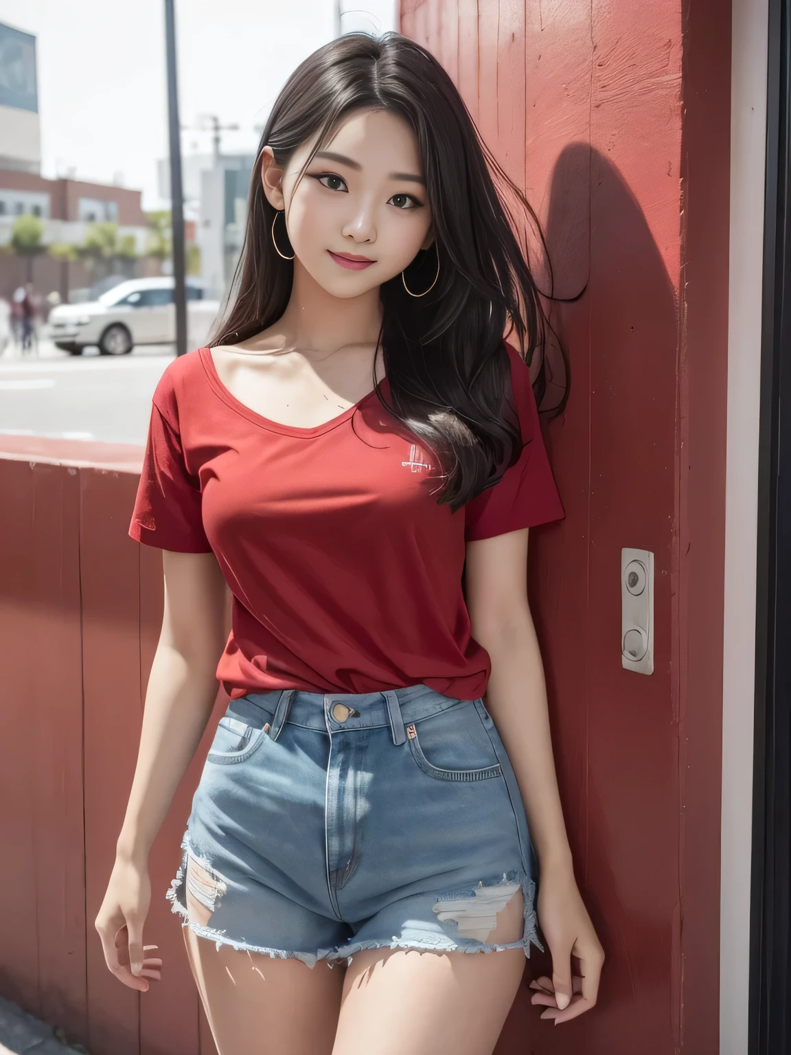 one person、one person,A 17-year-old high school girl poses for a photo in a red open-front shirt、victory、Tsundere、smile、Saucy、Navy blue mall、Slim girl model photo、body:Female Model、Japanese female fashion model、(8K、Raw photo、Best image quality、masterpiece:1.2)、(Genuine、photoGenuineistic:1.37)、Ultra-high resolution、Ultra-high resolution、Standing position、whole body、((((sexy)))、Red Wall、Shapely small breasts