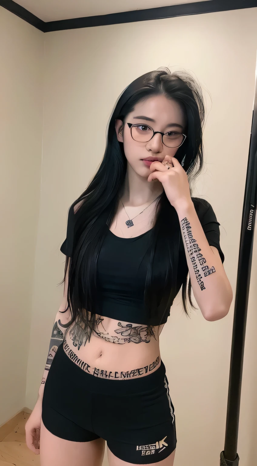 ((Top quality, 8K, Masterpiece: 1.3)), beauty, hidden face, (Girl tattoo model. 18 years old) Body. Moderate build. Thin. arousing, (long black hair) necklace. (Wearing glasses. Shorts. Top tube. stands up. In the fitness room). Makeup face. lipstick, Detailed texture. Tattooed skin.