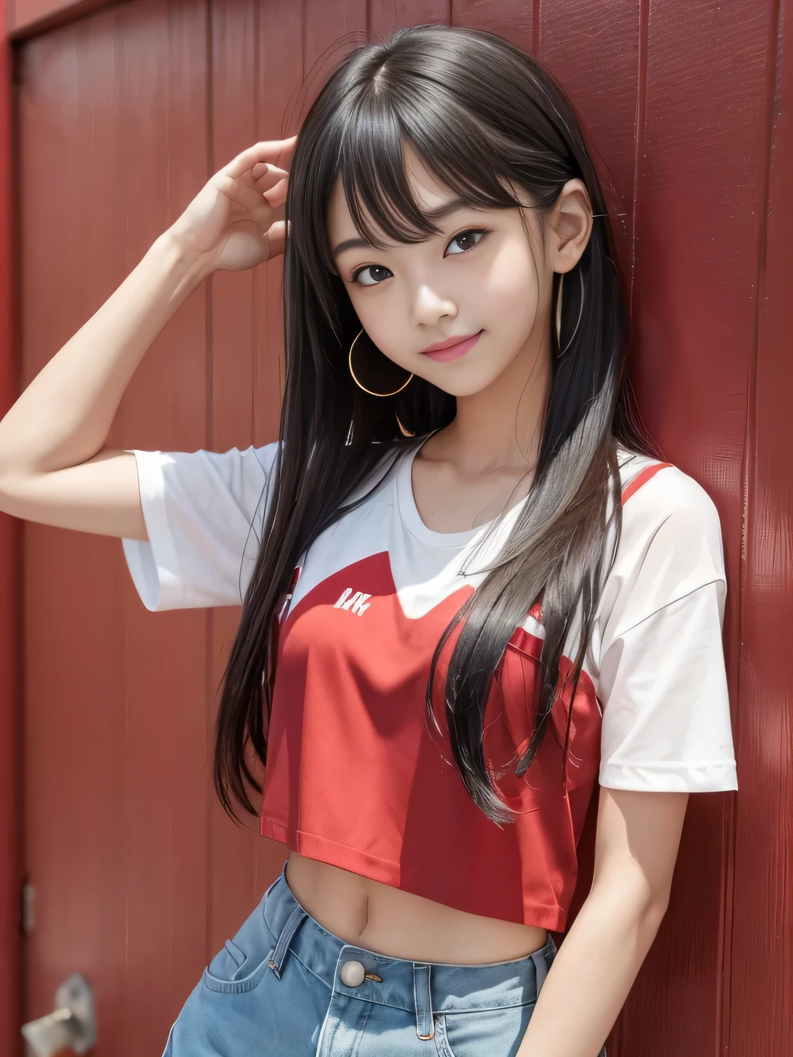 one person、one person,A 17-year-old high school girl poses for a photo in a red open-front shirt、victory、Tsundere、smile、Saucy、Navy blue mall、Slim girl model photo、body:Female Model、Japanese female fashion model、(8K、Raw photo、Best image quality、masterpiece:1.2)、(Genuine、photoGenuineistic:1.37)、Ultra-high resolution、Ultra-high resolution、Standing position、whole body、((((sexy)))、Red Wall、Shapely small breasts