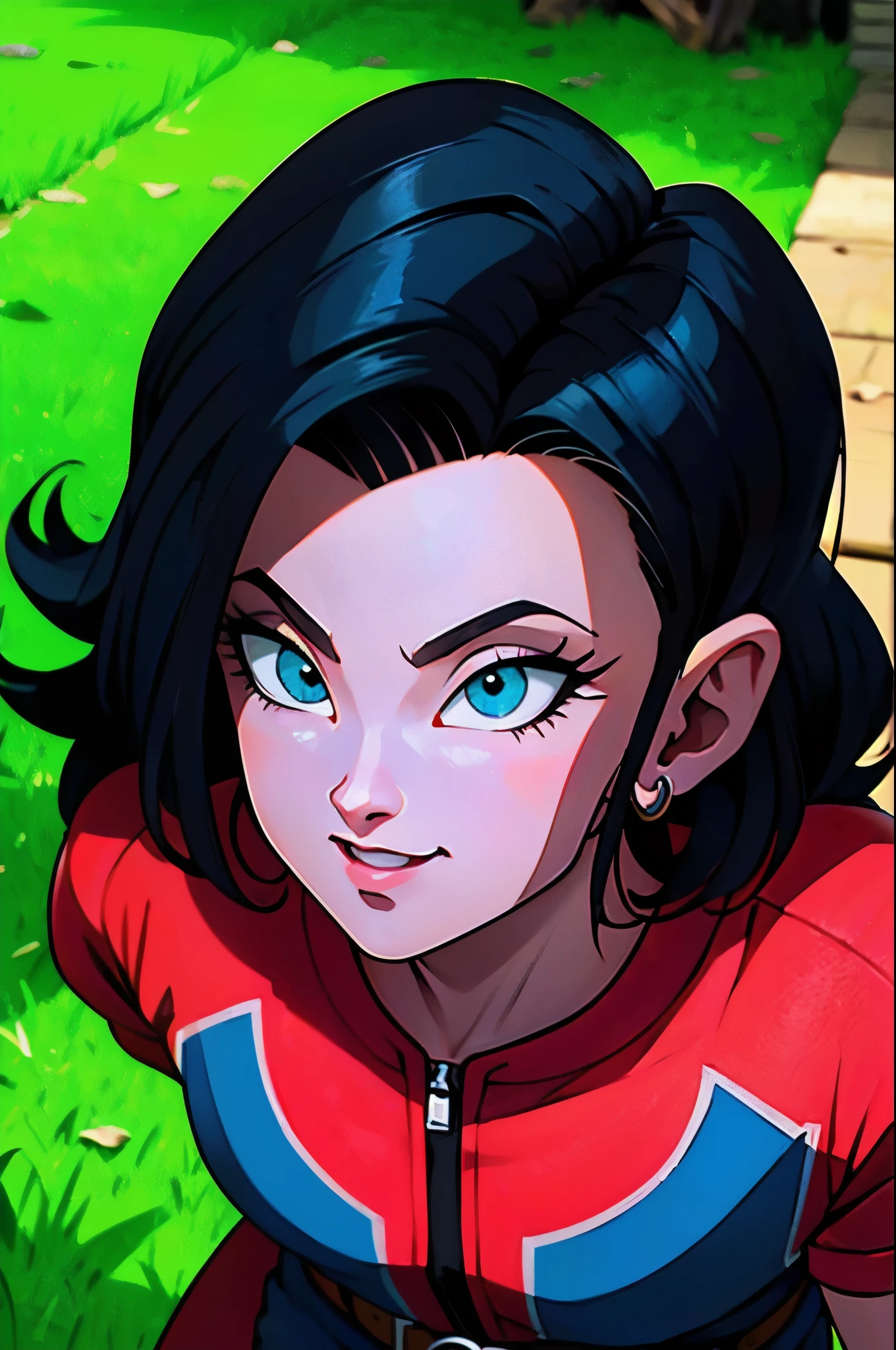 ((androide 18 dragon ball)), ((extremely detailed 8k illustration)), high resolution, (extremely detailed and hermoso background), pintura ultra detallada, professional illustration, Ultra-precise representation, Ultra-detailed rendering, (hermoso and aesthetic:1.2), hdr, (profundidad de campo:1.4), vistoso, vivid, hermoso detailed glow light particles, intrincado:1.4, closed fists, manos perfectas, (mujer), Detalles de la cara:1.2, cara bonita, (ojos azules), Hermoso rostro, ojos bonitos, ojos brillantes, labios delgados, pale and sharp eyebrows, long eyelashes, Long lower lashes, double eyelids, ((la camisa negra, Chaqueta de mezclilla, chaleco, mangas a rayas, belt, falda de mezclilla, pantimedias negras, coffee boots)), ropa desgarrada, detailed hermoso face and eyes, ((sonrisa sexy, postura de combate)), mirar al espectador, evento, (exquisite lighting and shadow), dynamic angle, DSLR, Sharp focus: 1.0, Maximum clarity and sharpness