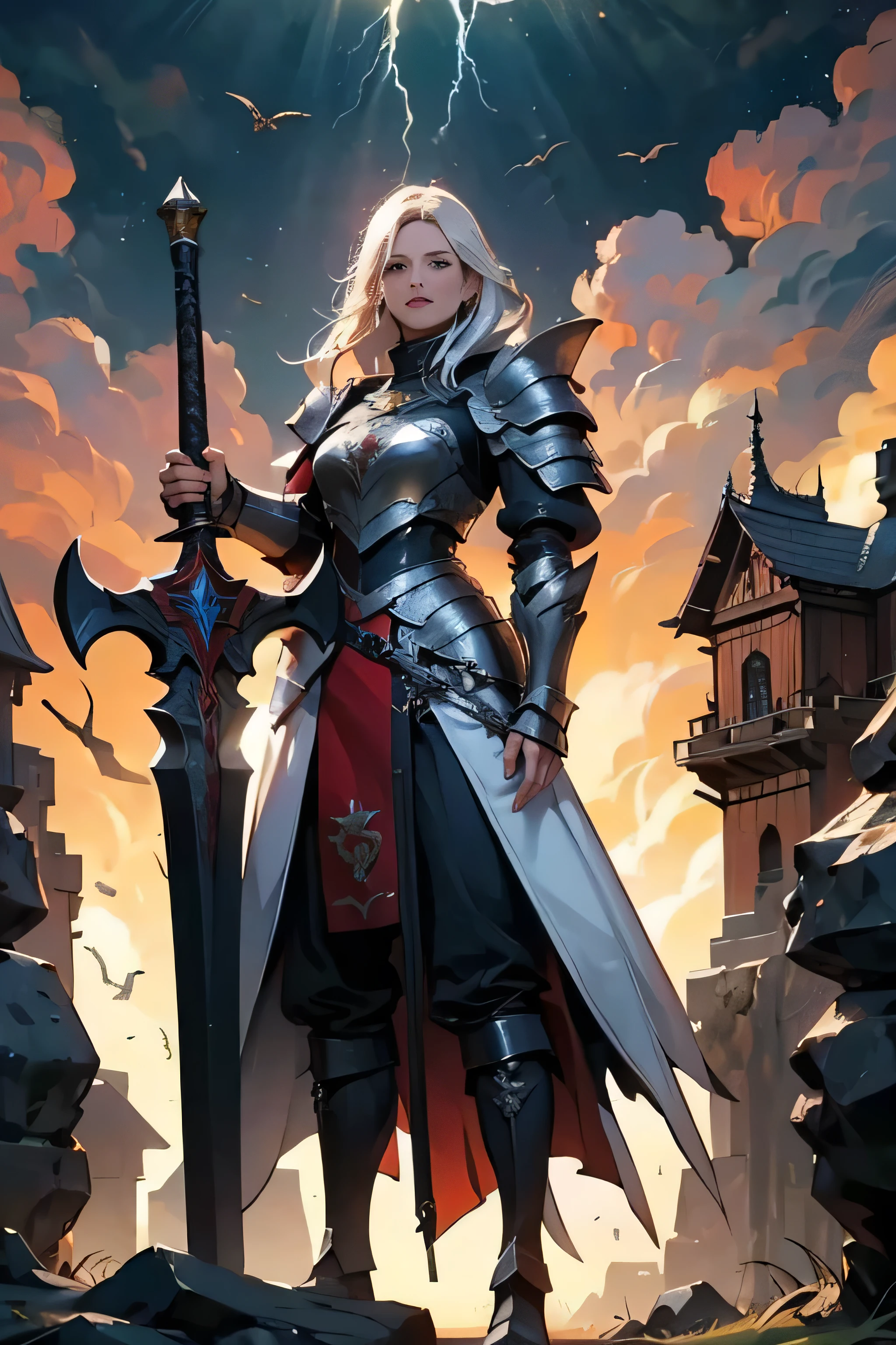 dragolich female character two swords fantasy armor full body fighter queen dragon tamer fantasy action background pose more serious armor real face full body armor, raio por toda parte, lightning sword, raio saindo da espada, thunder, fundo de castelo, dragon in the background, armadura da realeza, coroam armadura branca e dourada.