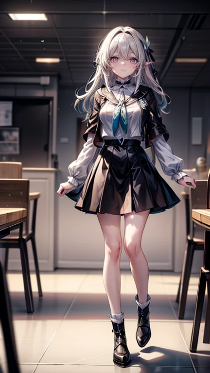 best quality,masterpiece,Delicate face,1 girl,Solitary,Black leather shoes,(full-body shot:1.5)1 Girl, Sylvdark from the cowboy lens looks at the audience, colored skin, Grin, teeth, Speak your mind, Elf, Long eyebrows, (White shirt, Black skirt), sports, Volumetric Lighting, best quality, masterpiece, Wheels within wheels, Volumetric Lighting, Movie, 8k, Movie lighting, masterpiece, perfect, Wheels within wheels details, Tone Mapping, Practical