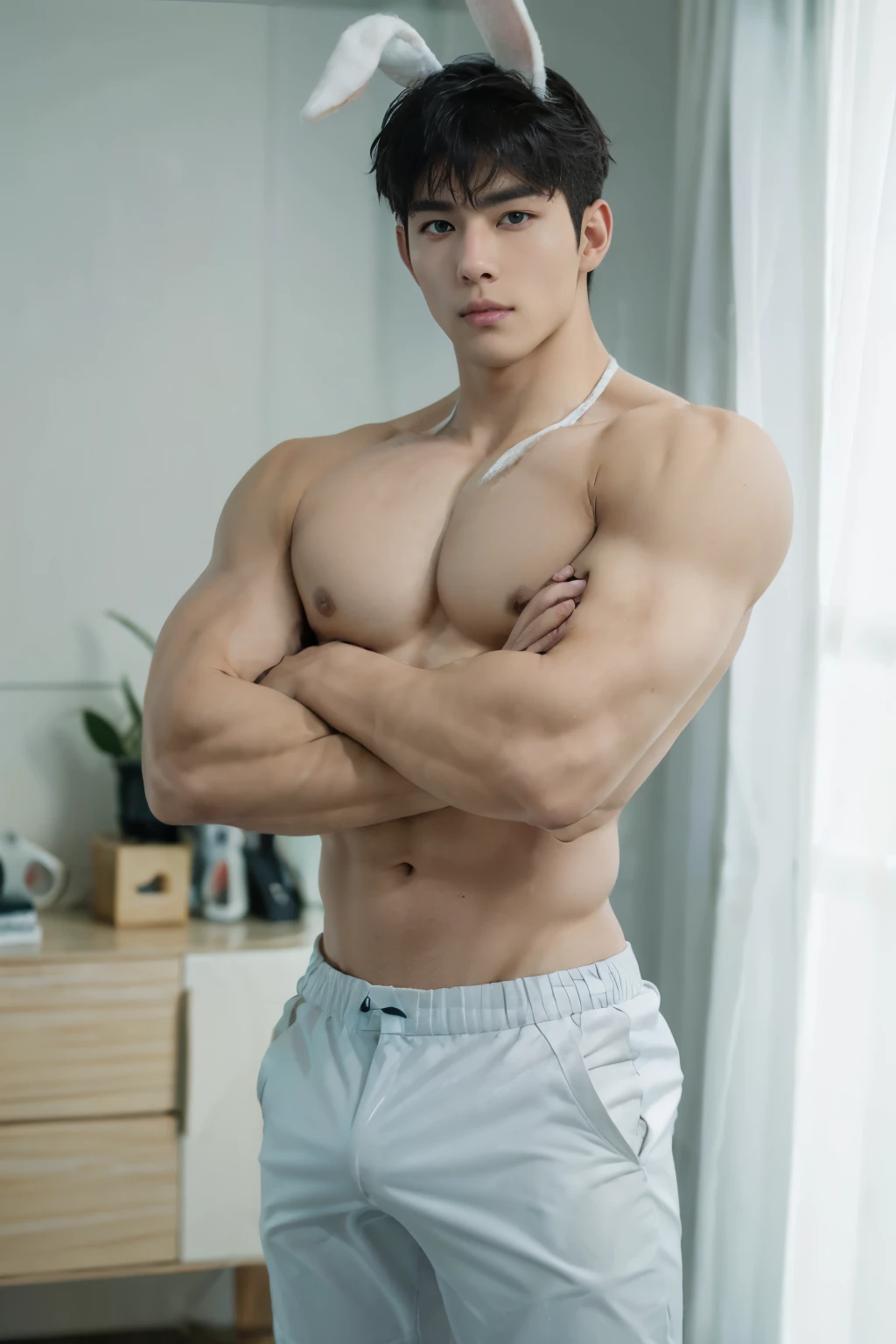 In the captivating image lies a white skin Korean handsome guy, radiating charisma as he proudly showcases his muscular to to build in a full-bodied stand-up pose. Wearing a sexy grey bikini that accentuates his physique, he stands amidst the white bedroom environment, With an unrivaled attention to detail, this photorealistic portrait embodies the National Geographic style, capturing every nuance of his textured white skin in 8k resolution. His features emerge in pristine clarity, from the deep-set eyes to the chiseled jawline, making this image a true masterpiece. The lif,  best quality, 8K  UHD+, Leica digital SLR camera，he has big long bunny rabbit ears, 