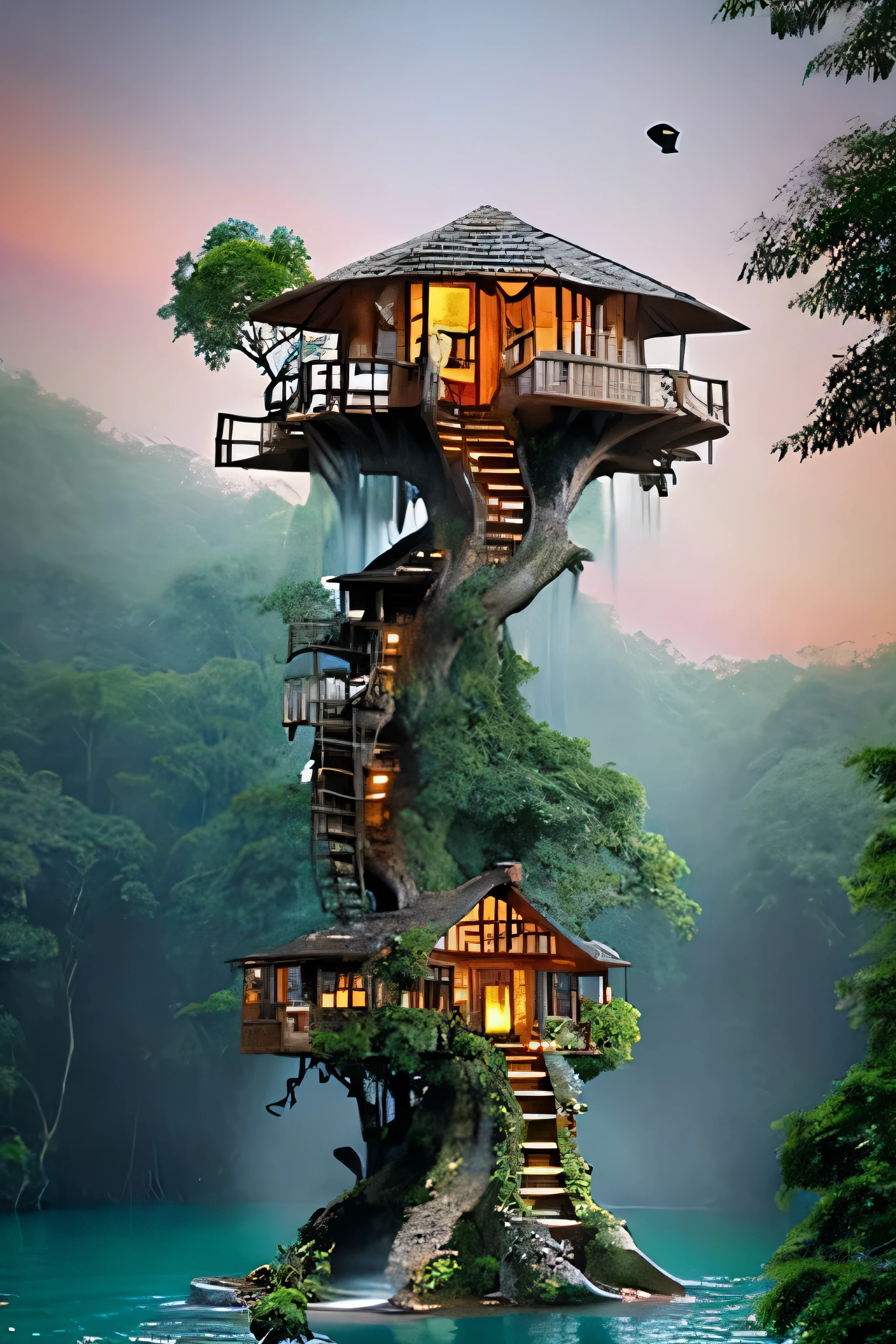 Perfection The Coolest Tree house on a large rock in the middle of the lake in the jungle with sunset, waterfall, bird flying, airroplan flying flowers in front of the house and trees on both sides of the house