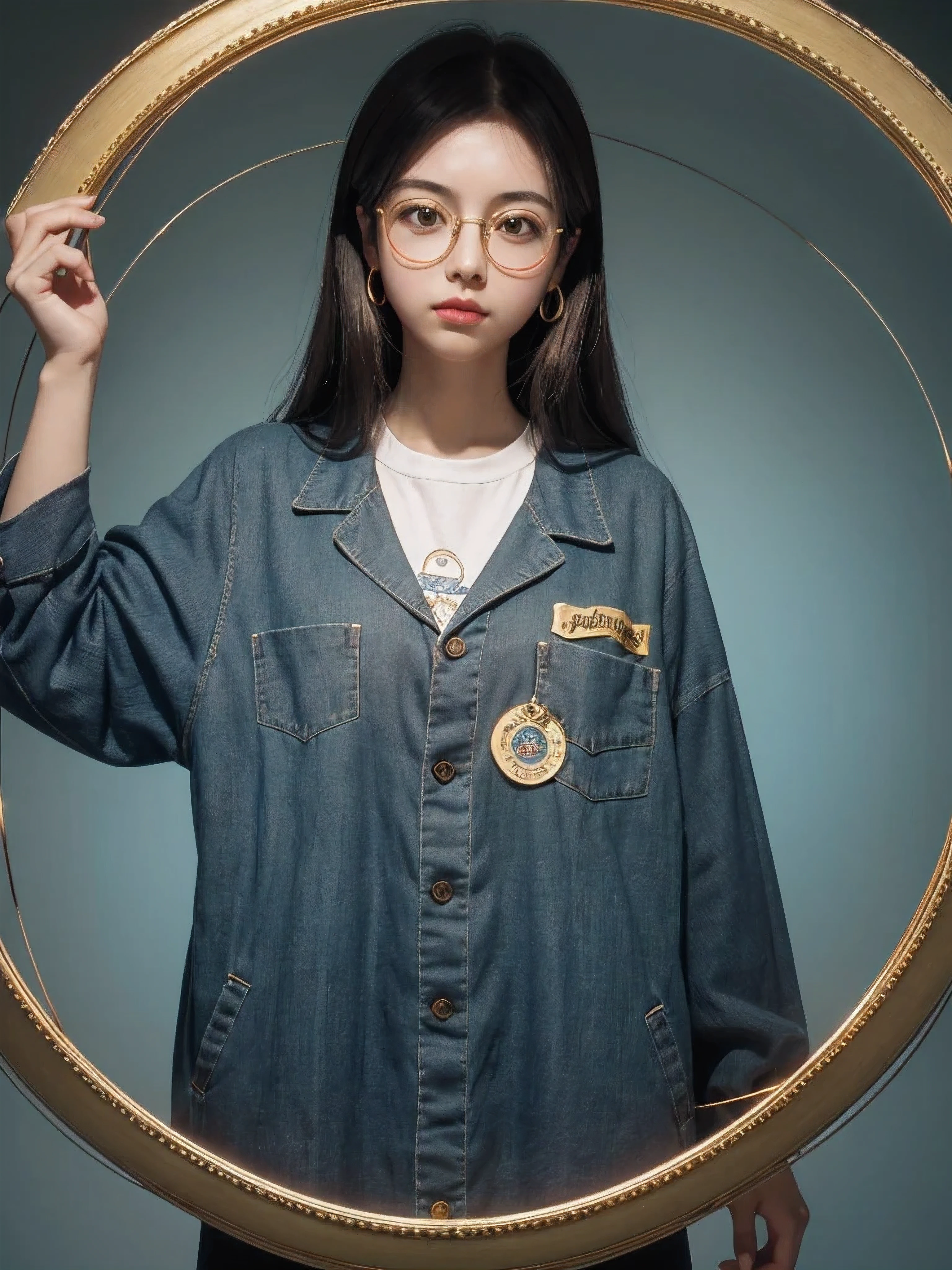 (Masterpiece, highest quality, super large resolution); (CG illustration); (a cute and cute girl); (sleepiness) (exhaustion); ((round-framed gold wire glasses)), (fashionable) (trendy); Rich colors, cyan, orange, yellow, green, cyan, blue, purple, fashion typography, magazine cover poster, hyper-detail, art, title, logo, label, badge, graphic design, detail post-processing, depth of field, high brightness, high saturation, more white space;