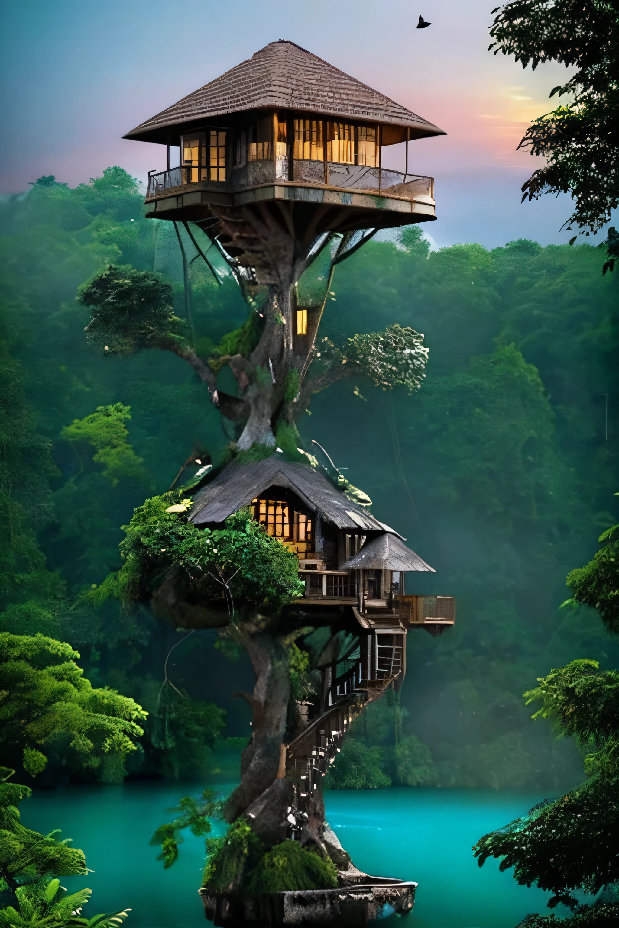 Perfection The Coolest Tree house on a large rock in the middle of the lake in the jungle with sunset, waterfall, bird flying, airroplan flying flowers in front of the house and trees on both sides of the house
