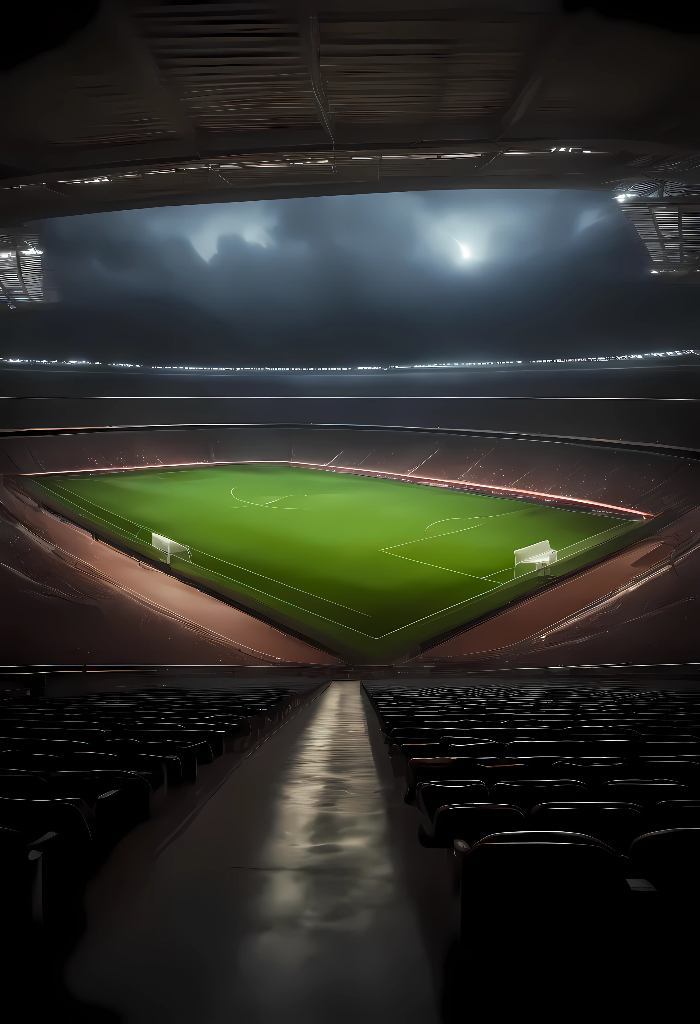 glorious soccer stadium at night with stunning lightning, inside match still going view from out side