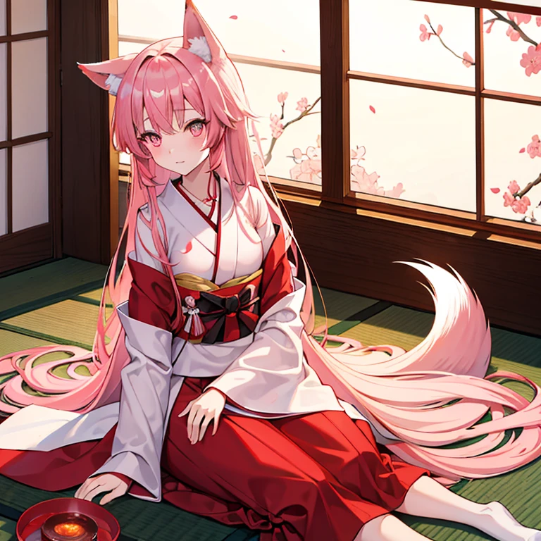 Fox Girl Red kimono Looking at me Inside the Japanese-style room seiza She has only one thin ribbon in her hair. Hair down Her hair color is light pink. Eyes are light pink laughing