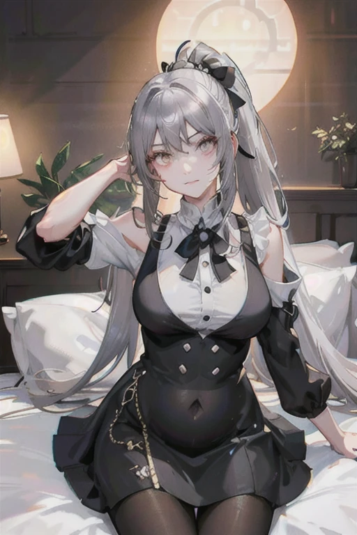 （（（1个Giant Breast Girl）），Ray Tracing，（Dim Lights），[Detailed background（bedroom）），（（Silver hair）），（（Silver hair）），（（（（（Fluffy silver hair，Plump girl））Wearing a high ponytail）））Avoid using golden eyes in menacing bedrooms（（（（Girl wears a white shirt，black wrinkle skirt，With black transparent pantyhose），Show off a delicate, slender figure and graceful curves，Correct limbs，Sitting on the bed，Place your hands behind your head，Put your hands behind your head，Pregnant belly，Pregnant belly，Pregnant women