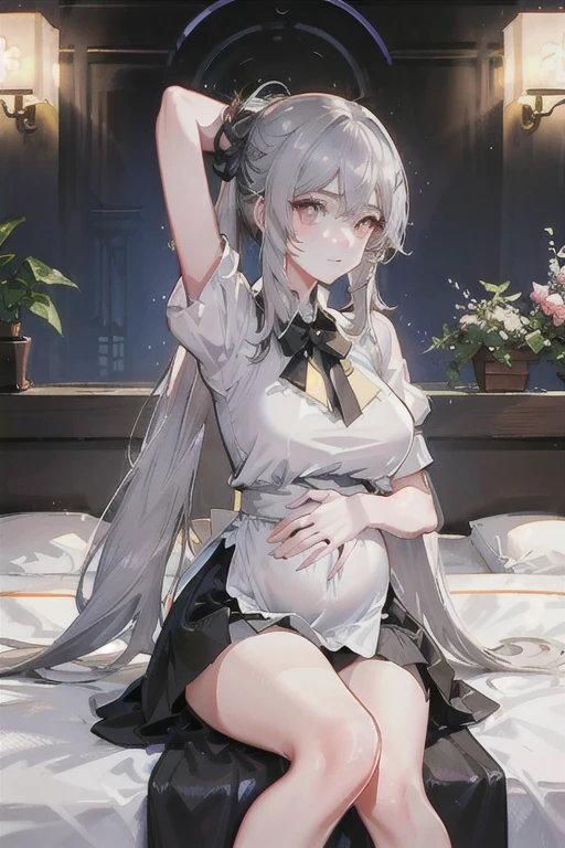 (((1个Giant Breast Girl)),Ray Tracing,(Dim Lights),[Detailed background(bedroom)),((Silver hair)),((Silver hair)),(((((Fluffy silver hair,Plump girl))Wearing a high ponytail)))Avoid using golden eyes in menacing bedrooms((((Girl wears a white shirt,black wrinkle skirt,With black transparent pantyhose),Show off a delicate, slender figure and graceful curves,Correct limbs,Sitting on the bed,Place your hands behind your head,Put your hands behind your head,Pregnant belly,Pregnant belly,Pregnant women