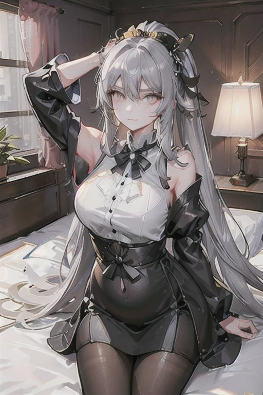 （（（1个Giant Breast Girl）），Ray Tracing，（Dim Lights），[Detailed background（bedroom）），（（Silver hair）），（（Silver hair）），（（（（（Fluffy silver hair，Plump girl））Wearing a high ponytail）））Avoid using golden eyes in menacing bedrooms（（（（Girl wears a white shirt，black wrinkle skirt，With black transparent pantyhose），Show off a delicate, slender figure and graceful curves，Correct limbs，Sitting on the bed，Place your hands behind your head，Put your hands behind your head，Pregnant belly，Pregnant belly，Pregnant women