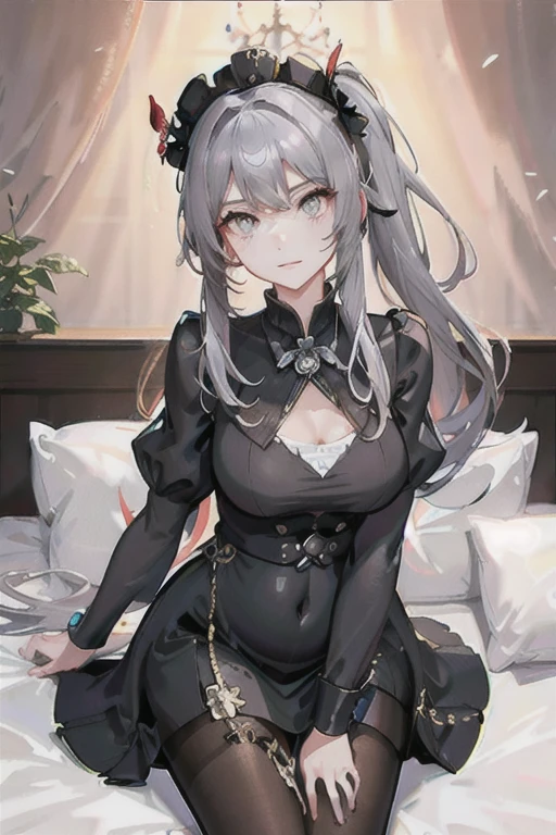 （（（1个Giant Breast Girl）），Ray Tracing，（Dim Lights），[Detailed background（bedroom）），（（Silver hair）），（（Silver hair）），（（（（（Fluffy silver hair，Plump girl））Wearing a high ponytail）））Avoid using golden eyes in menacing bedrooms（（（（Girl wears a white shirt，black wrinkle skirt，With black transparent pantyhose），Show off a delicate, slender figure and graceful curves，Correct limbs，Sitting on the bed，Place your hands behind your head，Put your hands behind your head，Pregnant belly，Pregnant belly，Pregnant women