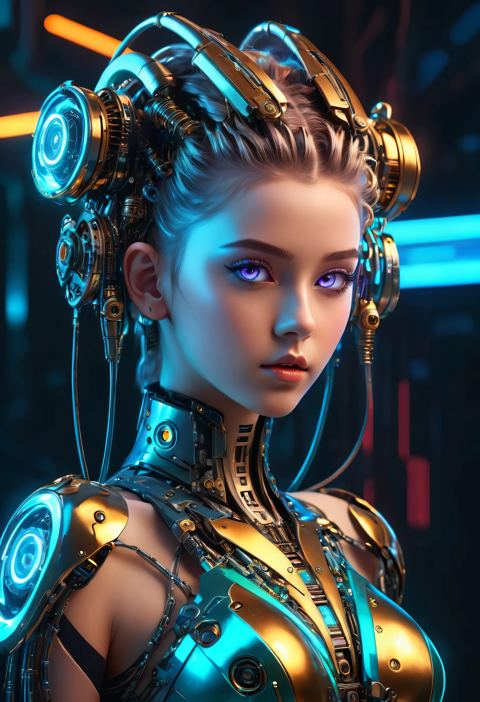 (a girl with mechanical features),3D rendering,metallic,mechanical details,gear-like eyes and limbs,elaborate hairstyles,cybernetic implants,glowing circuits,high-tech fashion,cyberpunk aesthetic,metallic colors,neon lights