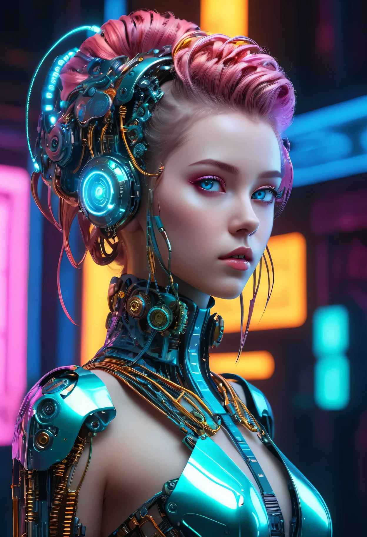 (a girl with mechanical features),3D rendering,metallic,mechanical details,gear-like eyes and limbs,elaborate hairstyles,cybernetic implants,glowing circuits,high-tech fashion,cyberpunk aesthetic,metallic colors,neon lights