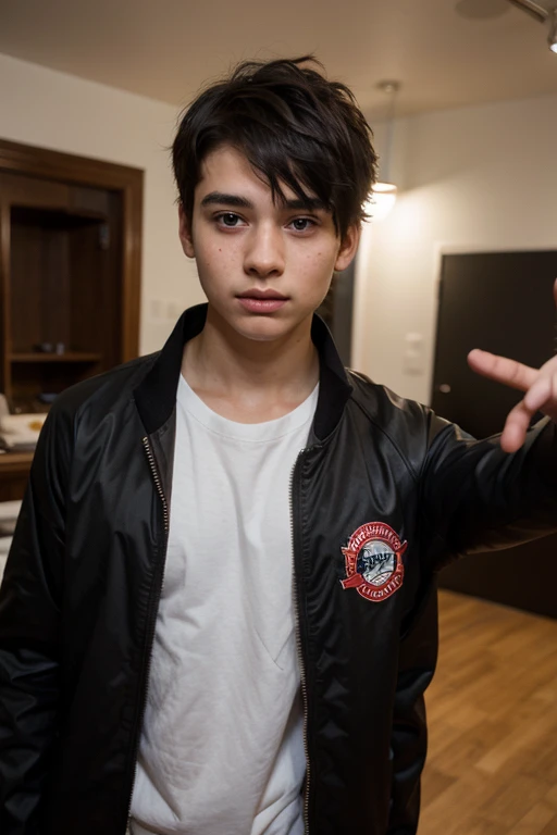 15 year old , boy , young , hyper_realism , standing next to mirros , selfie , 1 person , chiseled jawline, black hair , jacket , male , short hair