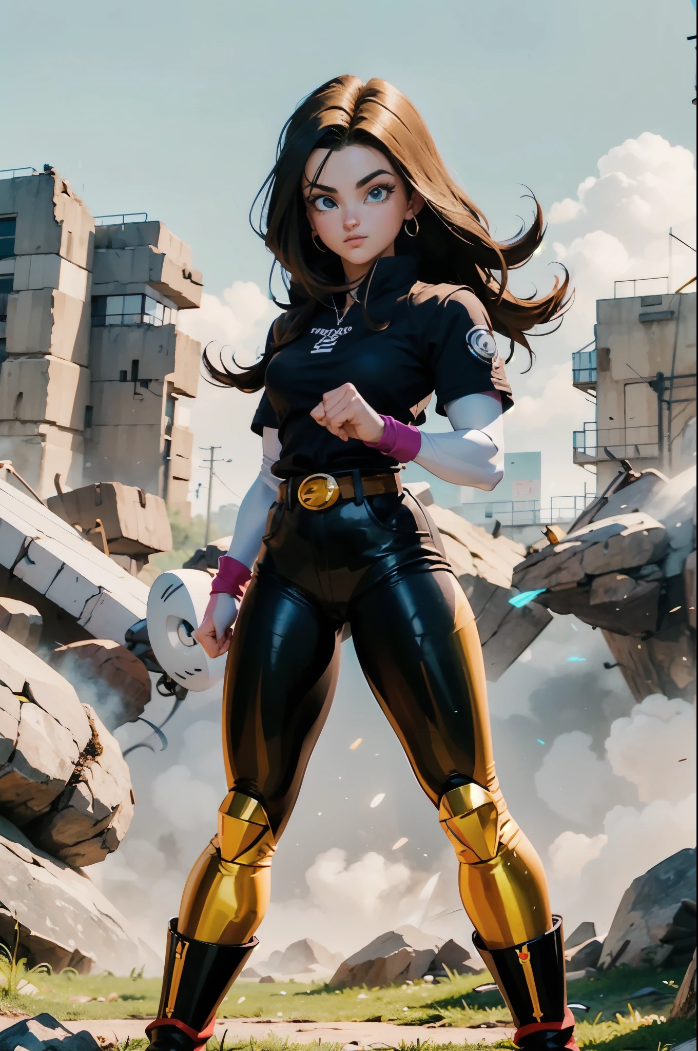 ((androide 18 dragon ball)), ((extremely detailed 8k illustration)), high resolution, (extremely detailed and hermoso background), pintura ultra detallada, professional illustration, Ultra-precise representation, Ultra-detailed rendering, (hermoso and aesthetic:1.2), hdr, (profundidad de campo:1.4), vistoso, vivid, hermoso detailed glow light particles, intrincado:1.4, closed fists, manos perfectas, (mujer), Detalles de la cara:1.2, cara bonita, (ojos azules), Hermoso rostro, ojos bonitos, ojos brillantes, labios delgados, pale and sharp eyebrows, long eyelashes, Long lower lashes, double eyelids, ((la camisa negra, Chaqueta de mezclilla, chaleco, mangas a rayas, belt, falda de mezclilla, pantimedias negras, coffee boots)), ropa desgarrada, detailed hermoso face and eyes, ((sonrisa sexy, postura de combate)), mirar al espectador, evento, (exquisite lighting and shadow), dynamic angle, DSLR, Sharp focus: 1.0, Maximum clarity and sharpness
