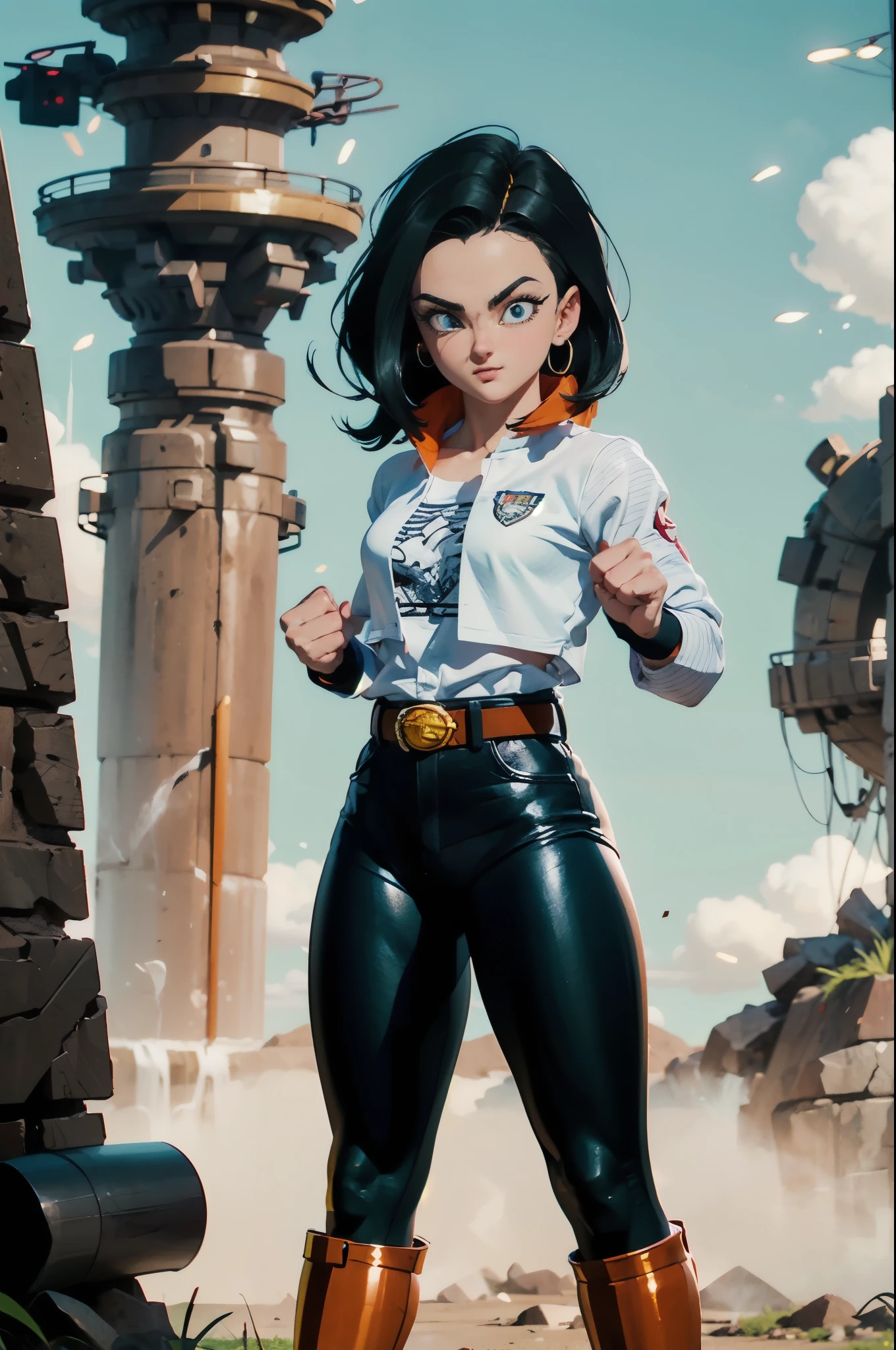 ((androide 18 dragon ball)), ((extremely detailed 8k illustration)), high resolution, (extremely detailed and hermoso background), pintura ultra detallada, professional illustration, Ultra-precise representation, Ultra-detailed rendering, (hermoso and aesthetic:1.2), hdr, (profundidad de campo:1.4), vistoso, vivid, hermoso detailed glow light particles, intrincado:1.4, closed fists, manos perfectas, (mujer), Detalles de la cara:1.2, cara bonita, (ojos azules), Hermoso rostro, ojos bonitos, ojos brillantes, labios delgados, pale and sharp eyebrows, long eyelashes, Long lower lashes, double eyelids, ((la camisa negra, Chaqueta de mezclilla, chaleco, mangas a rayas, belt, falda de mezclilla, pantimedias negras, coffee boots)), ropa desgarrada, detailed hermoso face and eyes, ((sonrisa sexy, postura de combate)), mirar al espectador, evento, (exquisite lighting and shadow), dynamic angle, DSLR, Sharp focus: 1.0, Maximum clarity and sharpness