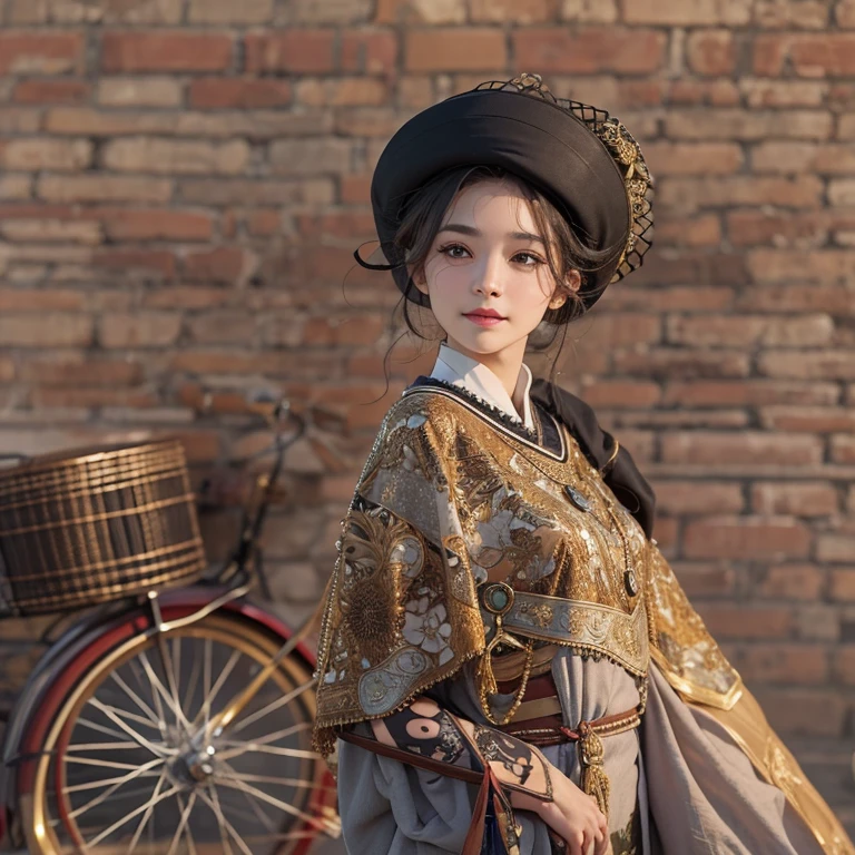 Ride an antique bicycle in baker street 、Hair flows、 ((highest quality、masterpiece、8k、best image quality、ultra high resolution、Award-winning work)、(accurate anatomy:1.1)、(look at me and smile:1.1)、Shining fair skin with ultra high resolution、most detailed face、ultra high resolution detailed face、ultra high resolutionの髪の毛、(ultra high resolutionの煌めく瞳:1.1)、Beautiful face drawn in every detail、(blurred background:1.1)、ancient Islamic clothes, chest together, tattoo,