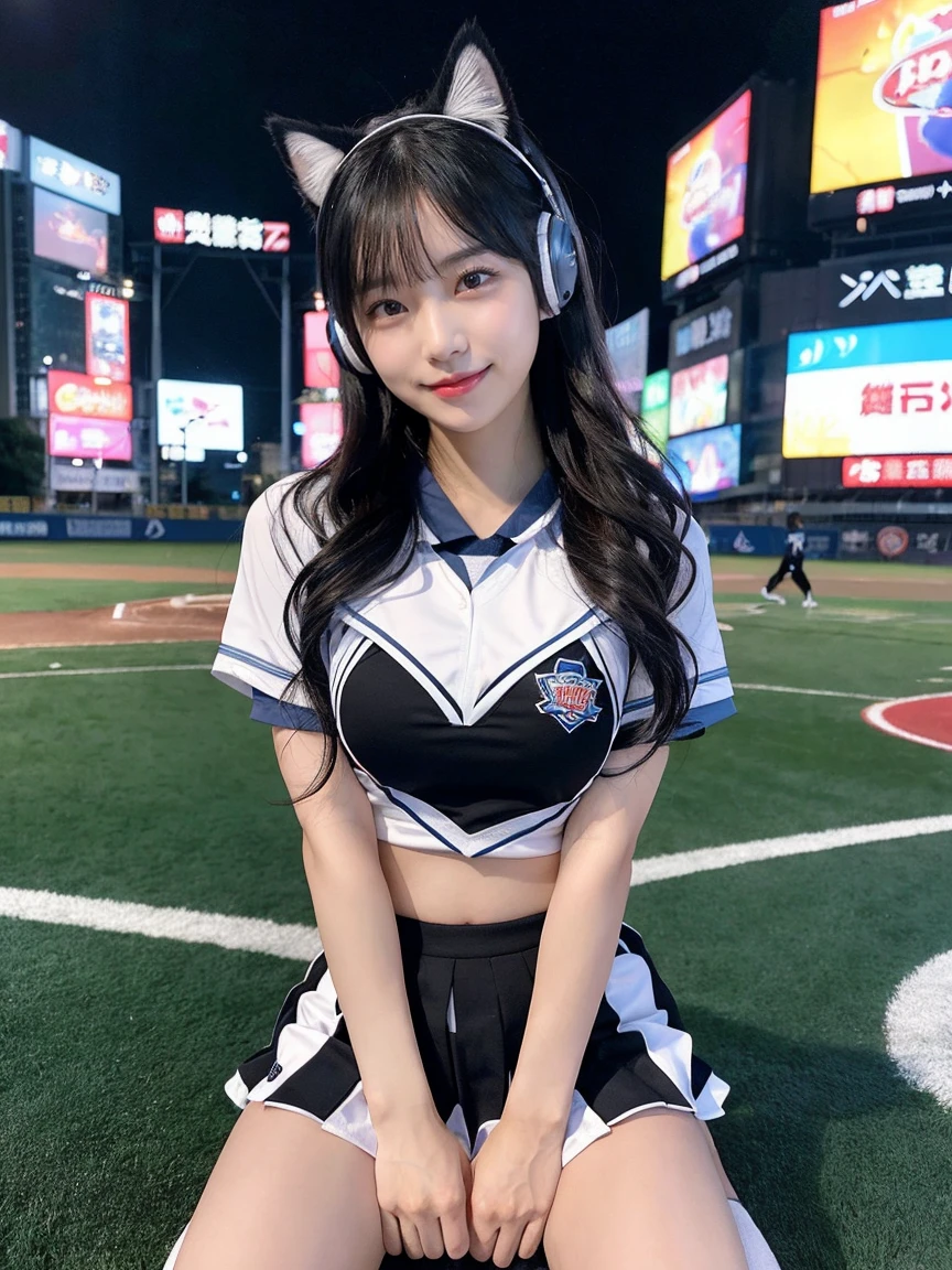 Full body photo、whole、最high quality, masterpiece, 32k、Very detailed、Realistic、1 girl, Japanese women、Cute face, (photo Actual:1.3), Edge lighting, (Skin with attention to detail:1.2), 8k超High resolution, Single-lens reflex camera, high quality, High resolution, 4K, 8k, Optimal ratio of four fingers to one thumb, (Actual:1.3), smile、自然なsmile、Baseball Cheerleader Costumes(black、Light blue line design、Japanese professional baseball cheerleaders、fighters logo、Fighters Cheerleader Costume)、Cat ear headphones(ピンク色のネオンCat ear headphones)、cute 1 girl, Realistic、Super Realistic、32k、Very detailed、masterpiece, 最high quality, beautiful girl, beauty、 Mecha, Beautiful lighting, Sitting,Cyber Neon、Future City、Skyscraper、City Night、Shanghai、Big cities、Night view、綺麗なNight view