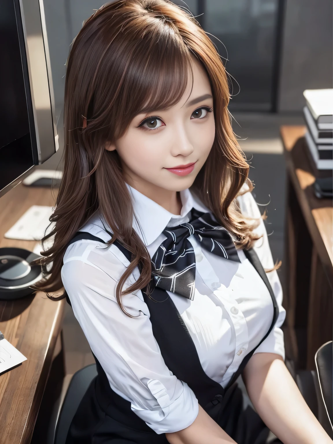 Only one female, Sitting, (look up) (From above), office worker, ((Black Vest:1.1) Over a white dress shirt), Mature Woman, /(Light brown hair/), A kind smile, (Masterpiece of the highest quality:1.2) Delicate illustrations, super detailed, Large Breasts, Bow tie break (Modern Office) indoor, (reception), (Stylish company logo on the wall) , Detailed Background
