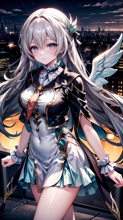 This image depicts an angel woman hovering over a city at night.. City lights create a golden and dramatic atmosphere, Its exquisite shape and black wings contrast sharply with the urban environment. The woman seemed very protective and vigilant.