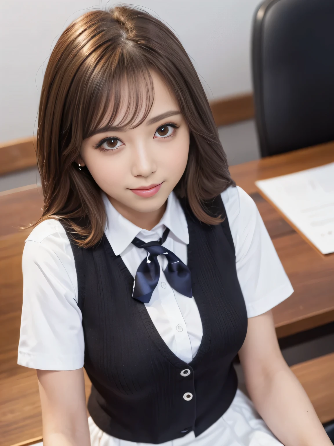 Only one female, Sitting, (look up) (From above), office worker, ((Black Vest:1.1) Over a white dress shirt), Idol, /(Light brown hair/), A kind smile, (Masterpiece of the highest quality:1.2) Delicate illustrations, super detailed, Large Breasts, Tie Break (Modern Office) indoor, (reception), (Stylish company logo on the wall) , Detailed Background
