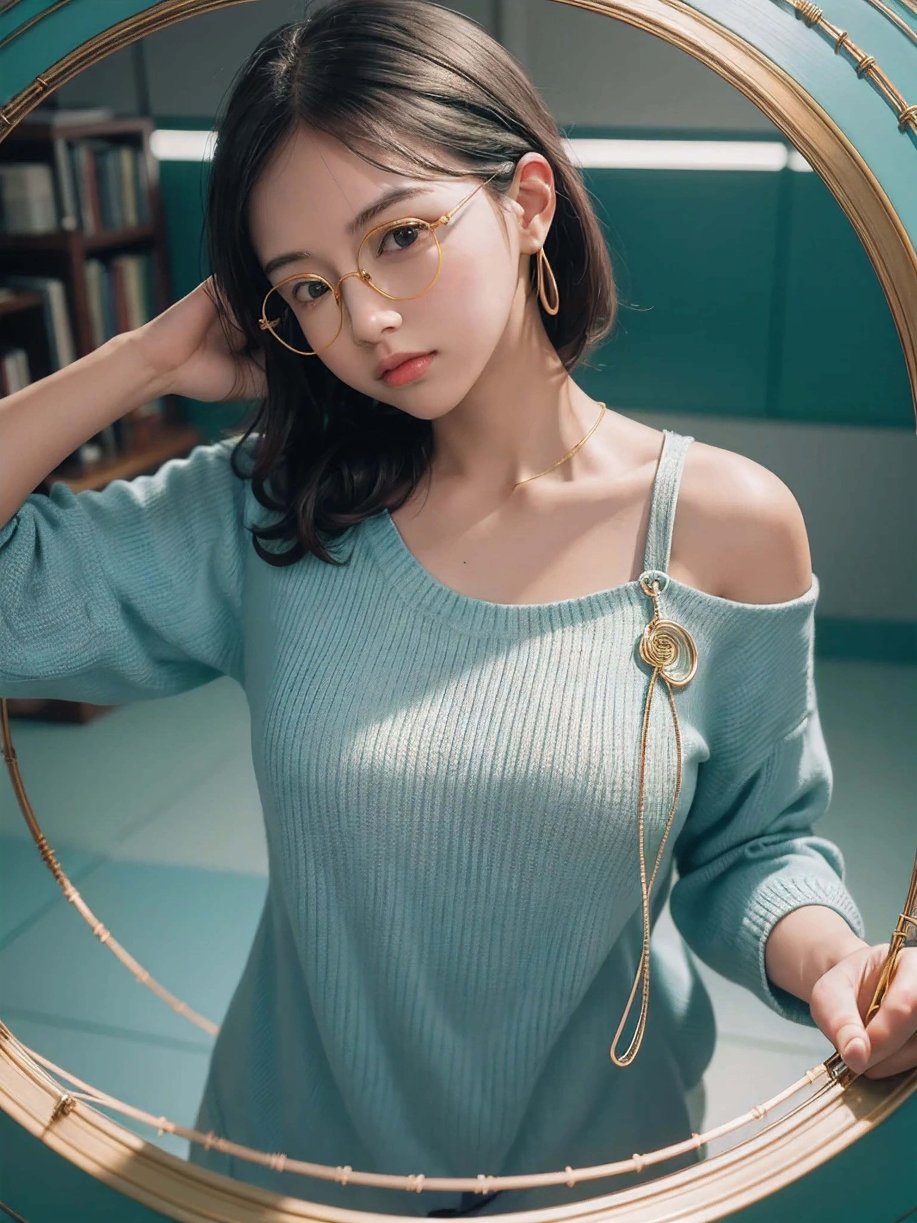 (Masterpiece, highest quality, super large resolution); (CG illustration); (a cute and cute girl); (sleepiness) (exhaustion); ((round-framed gold wire glasses)), (fashionable) (trendy); Rich colors, cyan, orange, yellow, green, cyan, blue, purple, fashion typography, magazine cover poster, hyper-detail, art, title, logo, label, badge, graphic design, detail post-processing, depth of field, high brightness, high saturation, more white space;