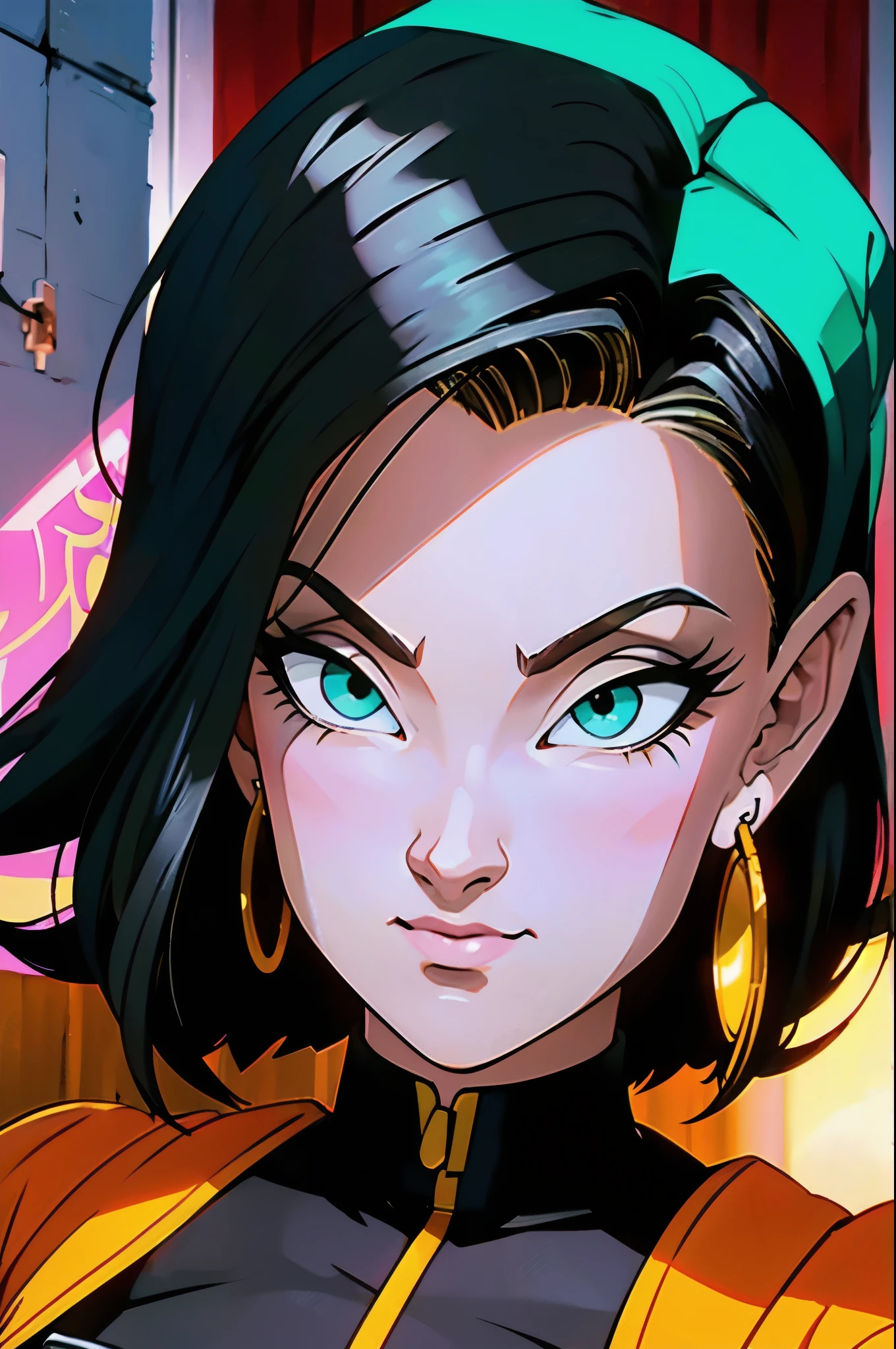((androide 18 dragon ball)), ((extremely detailed 8k illustration)), high resolution, (extremely detailed and hermoso background), pintura ultra detallada, professional illustration, Ultra-precise representation, Ultra-detailed rendering, (hermoso and aesthetic:1.2), hdr, (profundidad de campo:1.4), vistoso, vivid, hermoso detailed glow light particles, intrincado:1.4, closed fists, manos perfectas, (mujer), Detalles de la cara:1.2, cara bonita, (ojos azules), Hermoso rostro, ojos bonitos, ojos brillantes, labios delgados, pale and sharp eyebrows, long eyelashes, Long lower lashes, double eyelids, ((la camisa negra, Chaqueta de mezclilla, chaleco, mangas a rayas, belt, falda de mezclilla, pantimedias negras, coffee boots)), ropa desgarrada, detailed hermoso face and eyes, ((sonrisa sexy, postura de combate)), mirar al espectador, evento, (exquisite lighting and shadow), dynamic angle, DSLR, Sharp focus: 1.0, Maximum clarity and sharpness