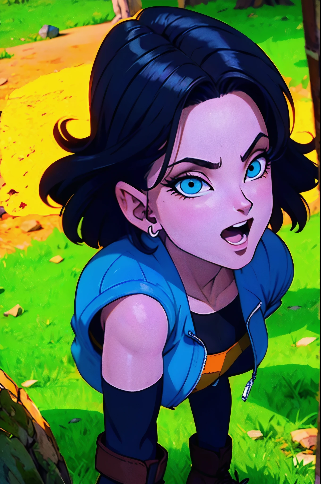 ((androide 18 dragon ball)), ((extremely detailed 8k illustration)), high resolution, (extremely detailed and hermoso background), pintura ultra detallada, professional illustration, Ultra-precise representation, Ultra-detailed rendering, (hermoso and aesthetic:1.2), hdr, (profundidad de campo:1.4), vistoso, vivid, hermoso detailed glow light particles, intrincado:1.4, closed fists, manos perfectas, (mujer), Detalles de la cara:1.2, cara bonita, (ojos azules), Hermoso rostro, ojos bonitos, ojos brillantes, labios delgados, pale and sharp eyebrows, long eyelashes, Long lower lashes, double eyelids, ((la camisa negra, Chaqueta de mezclilla, chaleco, mangas a rayas, belt, falda de mezclilla, pantimedias negras, coffee boots)), ropa desgarrada, detailed hermoso face and eyes, ((sonrisa sexy, postura de combate)), mirar al espectador, evento, (exquisite lighting and shadow), dynamic angle, DSLR, Sharp focus: 1.0, Maximum clarity and sharpness