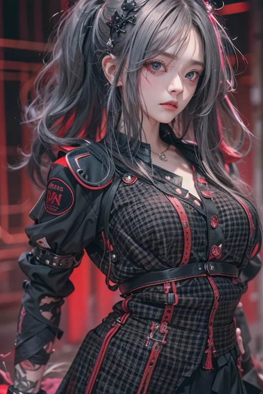 top-quality、8K、masterpiece:1.3、Gothic punk、Red inner color、A grey dark-haired、hair adornments、a beauty girl、creative、punk shirt、Neogos、Goth Fashion:1.2、high resolution、masterpiece、top-quality、headw:1.3、((Hasselblad photo))、Fine-grained skin、Sharp Focus、(lighting like a movie)、walking Tokyo night under the neon the back, forehead open, 、Brush your hair back、Shoulder Bare、Red tattoo on the décolletage
