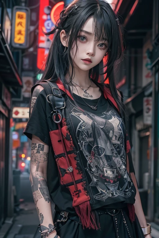 top-quality、8K、masterpiece:1.3、Gothic punk、Red inner color、A grey dark-haired、hair adornments、a beauty girl、creative、punk shirt、Neogos、Goth Fashion:1.2、high resolution、masterpiece、top-quality、headw:1.3、((Hasselblad photo))、Fine-grained skin、Sharp Focus、(lighting like a movie)、walking Tokyo night under the neon the back, forehead open, 、Brush your hair back、Shoulder Bare、Red tattoo on the décolletage