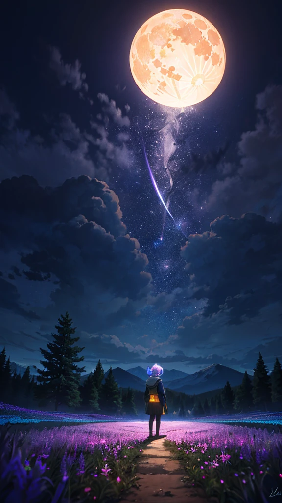 Expansive landscape photograph, (look from down，The sky and wilderness below can be seen), ((( standing in a flower field looking up))), (full moon: 1.2), (meteors: 0.9), (Starcloud: 1.3), Far Mountain, Tree BREAK Production Art, (Warm light source: 1.2), (Firefly: 1.2), lamp lights, Purple and orange, intricately details, Volume lighting, Realism BREAK (Masterpiece: 1.2) (Best quality), 4K, Ultra-detailed, (Dynamic configuration: 1.4), Highly detailed and colorful details, (Iridescent colors: 1.2), (luminouslighting, Atmospheric lighting), Dreamy, magical, (Solo: 1.2)