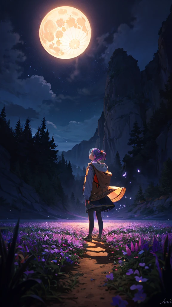 Expansive landscape photograph, (look from down，The sky and wilderness below can be seen), (((little girl standing in a flower field looking up))), (full moon: 1.2), (meteors: 0.9), (Starcloud: 1.3), Far Mountain, Tree BREAK Production Art, (Warm light source: 1.2), (Firefly: 1.2), lamp lights, Purple and orange, intricately details, Volume lighting, Realism BREAK (Masterpiece: 1.2) (Best quality), 4K, Ultra-detailed, (Dynamic configuration: 1.4), Highly detailed and colorful details, (Iridescent colors: 1.2), (luminouslighting, Atmospheric lighting), Dreamy, magical, (Solo: 1.2)