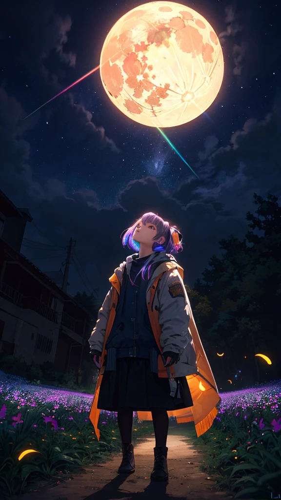 Expansive landscape photograph, (look from down,The sky and wilderness below can be seen), (((little girl standing in a flower field looking up))), (full moon: 1.2), (meteors: 0.9), (Starcloud: 1.3), Far Mountain, Tree BREAK Production Art, (Warm light source: 1.2), (Firefly: 1.2), lamp lights, Purple and orange, intricately details, Volume lighting, Realism BREAK (Masterpiece: 1.2) (Best quality), 4K, Ultra-detailed, (Dynamic configuration: 1.4), Highly detailed and colorful details, (Iridescent colors: 1.2), (luminouslighting, Atmospheric lighting), Dreamy, magical, (Solo: 1.2)