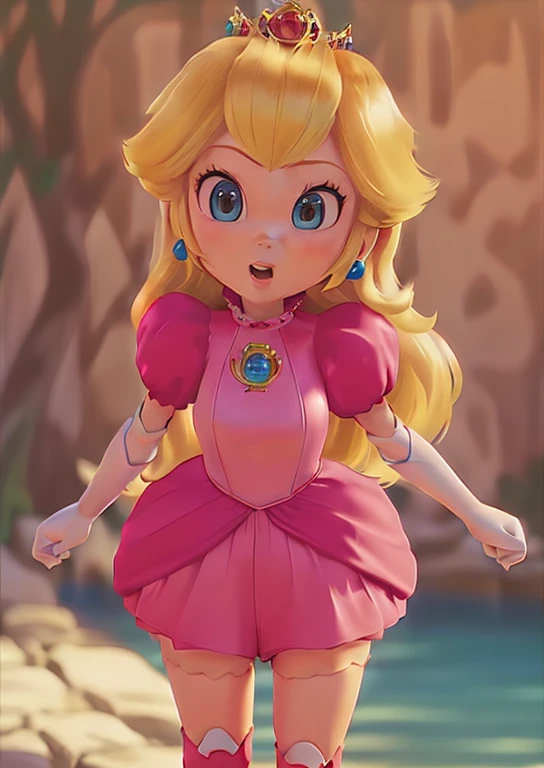 3D render, pixar style, Princess_Peach, sideboob, topless, large breasts, looking down, thick thighs, THICK, cameltoe, skin indentation, skindentation, ass focus, SEEN FROM BELOW, wet skin, 1girl, blonde hair, seductive expression, sexy eyes, shiny skin, simple background