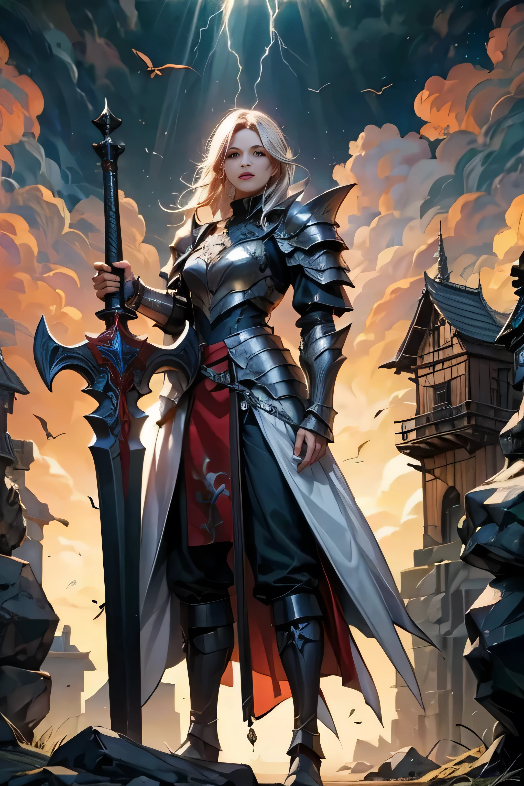 dragolich female character two swords fantasy armor full body fighter queen dragon tamer fantasy action background pose more serious armor real face full body armor, raio por toda parte, lightning sword, raio saindo da espada, thunder, fundo de castelo, dragon in the background, armadura da realeza, coroam armadura branca e dourada.