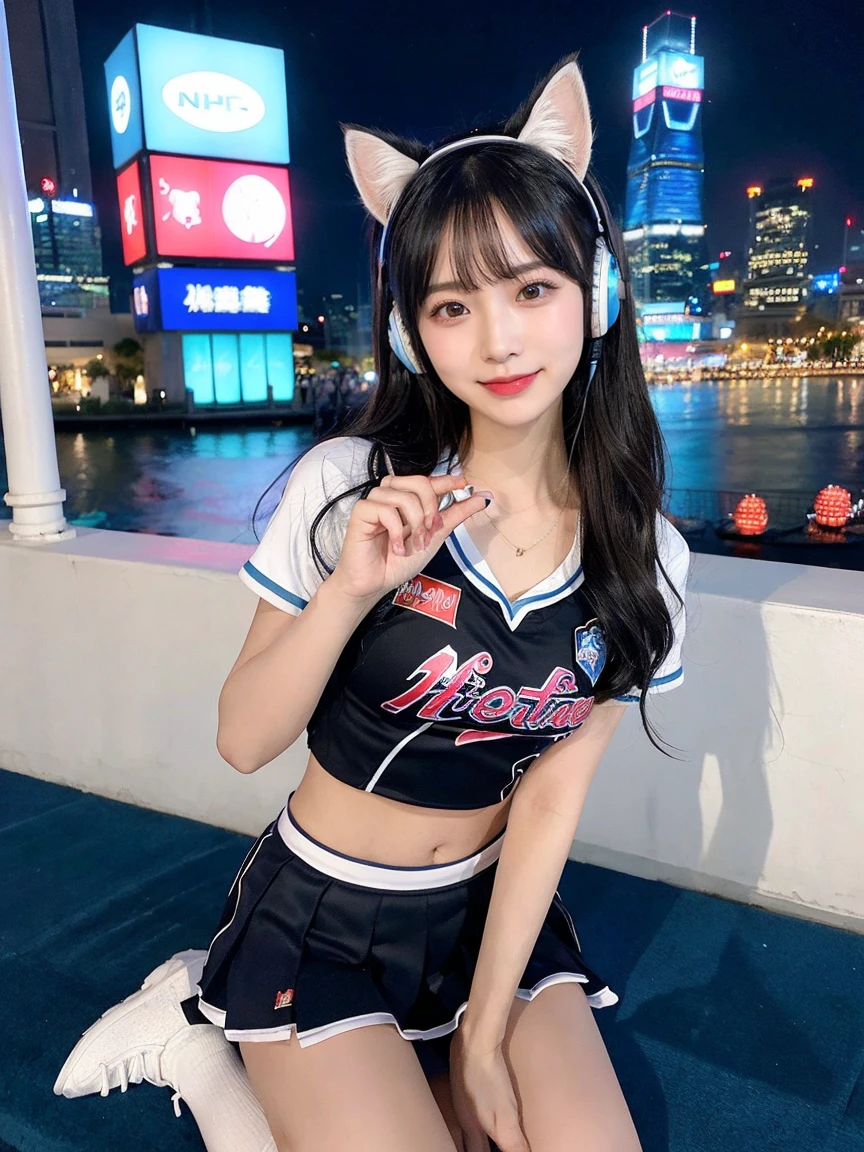 Full body photo、whole、最high quality, masterpiece, 32k、Very detailed、Realistic、1 girl, Japanese women、Cute face, (photo Actual:1.3), Edge lighting, (Skin with attention to detail:1.2), 8k超High resolution, Single-lens reflex camera, high quality, High resolution, 4K, 8k, Optimal ratio of four fingers to one thumb, (Actual:1.3), Funny smile、Baseball Cheerleader Costumes(black、Light blue line design、Japanese professional baseball cheerleaders、fighters logo、Fighters Cheerleader Costume)、Cat ear headphones(ピンク色のネオンCat ear headphones)、cute 1 girl, Realistic、Super Realistic、32k、Very detailed、masterpiece, 最high quality, beautiful girl, beauty、 Mecha, Beautiful lighting, Sitting,Cyber Neon、Future City、Skyscraper、City Night、Shanghai、Big cities、Night view、綺麗なNight view