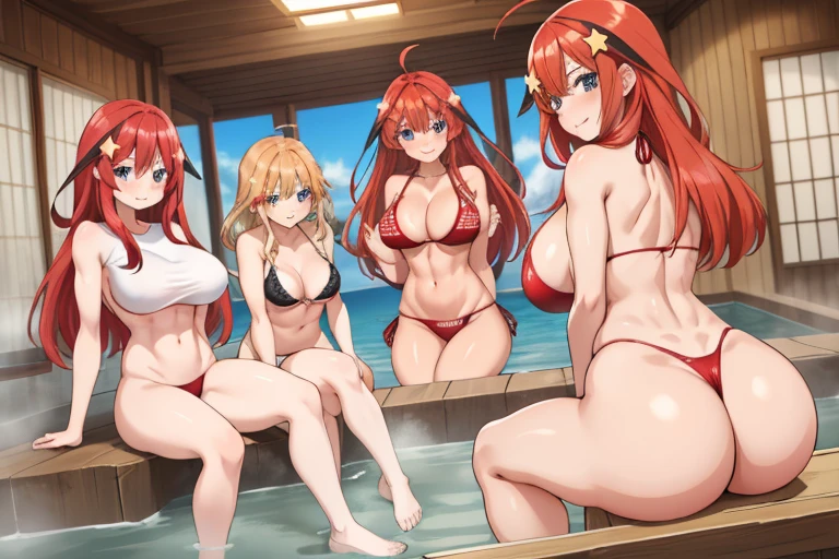 2d, masterpiece, best quality, anime, highly detailed, 5 girl, photo of 5 girl, quintuplets, nakano itsuki, red hair, long hair, star hair ornament, ahoge, huge breasts, standing, closed-air bath, public bath, red bikini, indoors, smile, abdominal, abs muscular, belly button, side breasts, back muscles, sitting crossed legs, big table filled with quintuplets surrounded by, t-back thong, sexy body, perfect body, pier at the cabin lake, naked side, muscle girls, bath time, breast size comparison, breast fight, breasts pressing, breasts pressed together, pairing a character with their own self, on all fours 