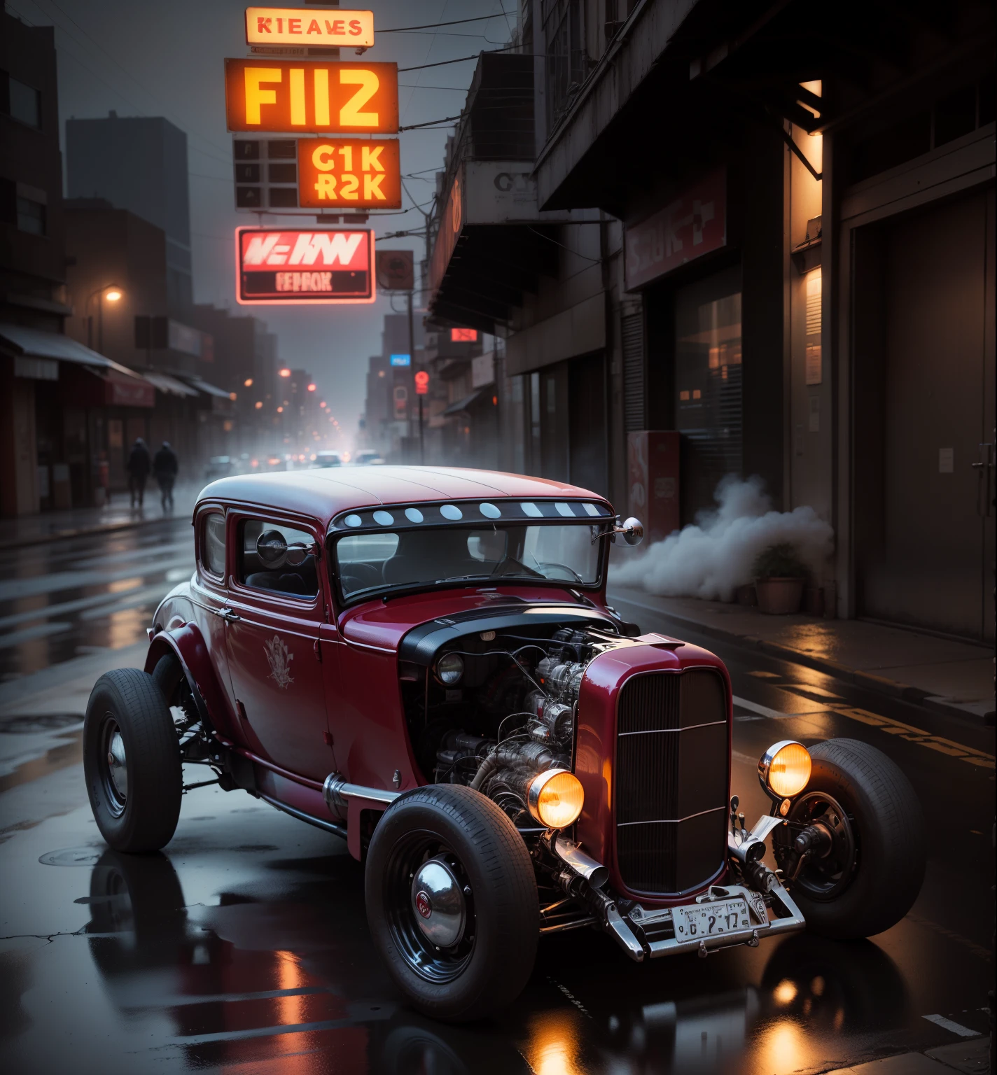 A black and red 1932 Ford Hot Rod tears through a neon-drenched cyberpunk city. Rain splatters off its aerodynamic body, the wind whipping through the driver's hair. Towering, angular buildings pierce the dense fog, their holographic advertisements flickering with blinding light. The hot rod's massive, chrome wheels leave trails in the slick pavement, its powerful engine a defiant roar against the urban symphony. This is a world of raw speed and unyielding power, where the classic muscle car carves its own path through the futuristic cityscape.