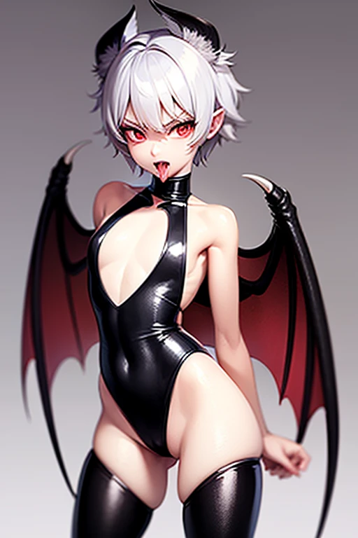 , short hair, white hair, 2 very long black horns, red eyes with an angry expression on his face, clothing in the form of a black one-piece swimsuit, defined and thin legs like a model, thin torso with chest little. black leather boots with high heels, long black painted nails, open mouth with vampire fangs sticking out and tongue sticking out, black wings coming out of the top of the back, black tail coming out of the waist from the back heart-shaped at the tip,, short hair, white hair, 2 very long black horns, red eyes with an angry expression on his face, clothing in the form of a black one-piece swimsuit, defined and thin legs like a model, thin torso with chest little. black leather boots with high heels, long black painted nails, open mouth with vampire fangs sticking out and tongue sticking out, black wings coming out of the top of the back, black tail coming out of the waist from the back heart-shaped at the tip,