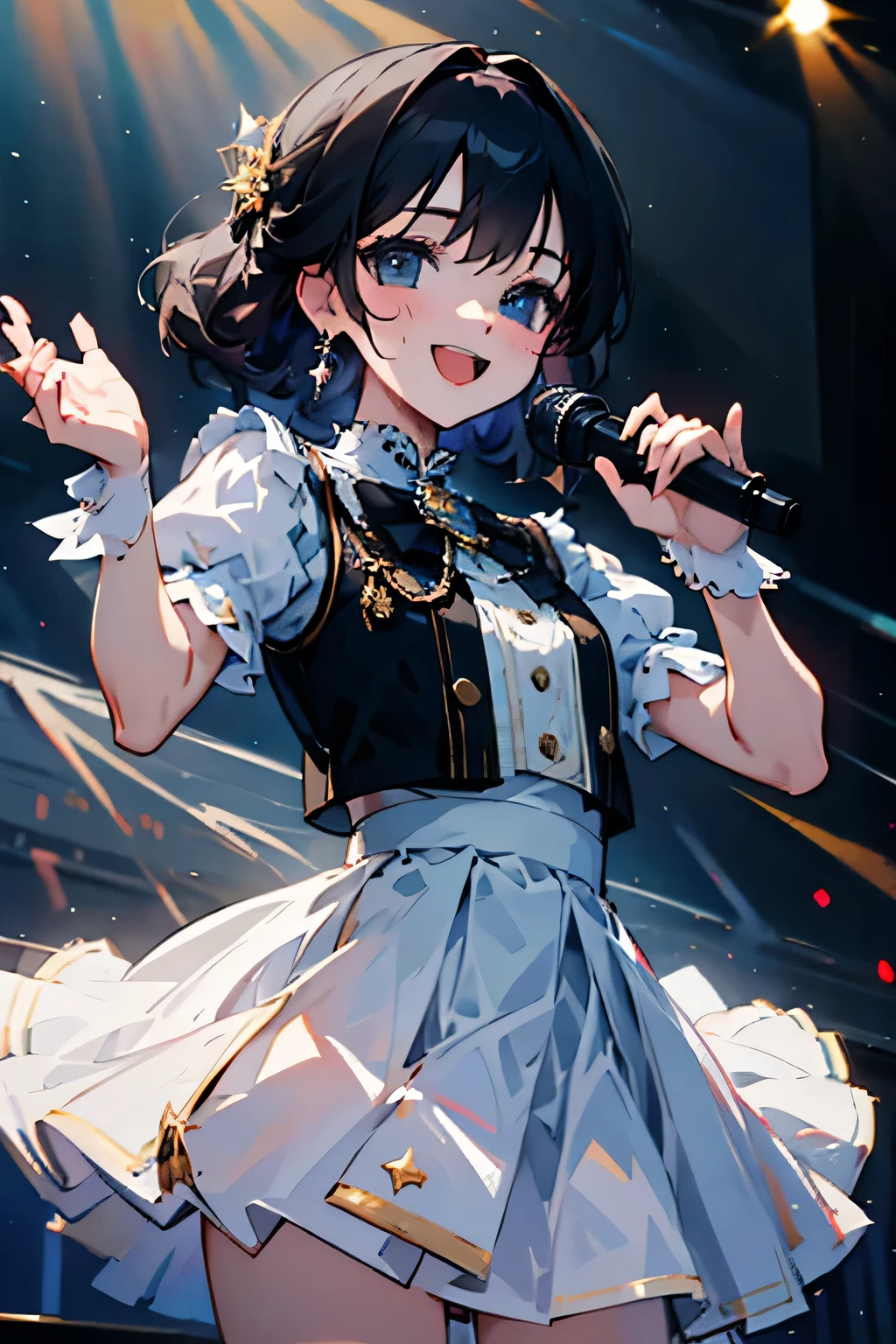 Staying true to LoRA、Idol、Concert venue in the background、With a microphone、With a smile、singing、White frill skirt outfit