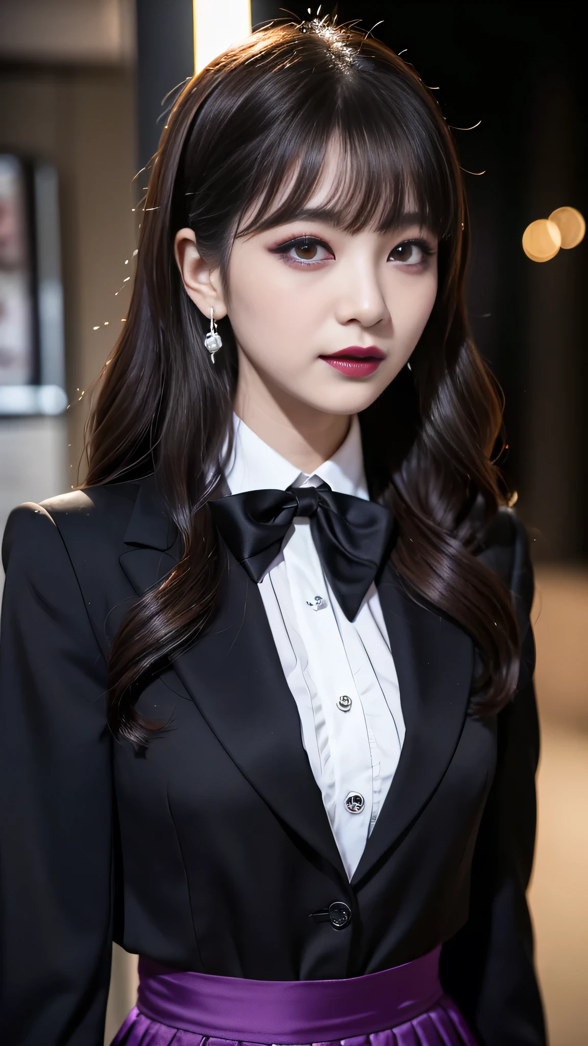 best quality、ultra-detailed、4k、Japanese、Seductive beauty、seductive adult woman、Pretty Woman、cool girl、Villainess、Brainwashed、brainwash、Fallen into evil、smirk、Evil look、Wicked Smile、evil、Brown hair、wavy hair、swept bangs、dark makeup、dark makeup、piercing eyes、hollow eyes,half-closed eyes、Hollow Eyes、purple Eyeshadow、black lipstick、black lipglos、suit、Jacket、Black Ribbon、Frilled blouse、flare skirt、night、inside darkroom、Has a switch、Emblem of Evil、Crest of Darkness、Swear allegiance、I have pledged my allegiance、Dye black、Blackening、Stained with evil、Dyed in darkness、