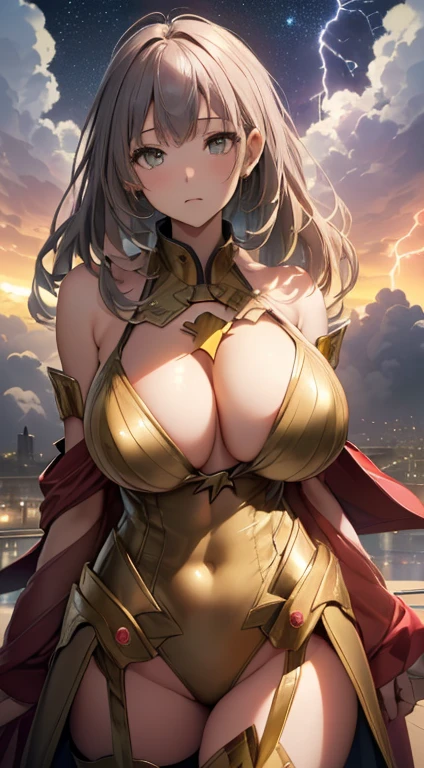 最high quality、Best image quality、masterpiece、With a girl((18-year-old、Best Bust、Large bast、Beautiful golden eyes、Spread your chest wide,Grey long hair、Slender、Big Valley、Gold Bodysuit,Show the whole body、Open your arms、Gold ring on wrist、手からlightningを放つ))high quality、Beautiful art、background((Night Sky、Black Cloud、lightning、violent thunder、Lightning strikes、Red Thunder、青いLightning strikes、Gold Thunder)))Tabletop、Visual Arts、Depth of written boundary、Night Sky(showoff breasts:1.6).(showoff nipple:1.3).(huge breasts:1.9)
