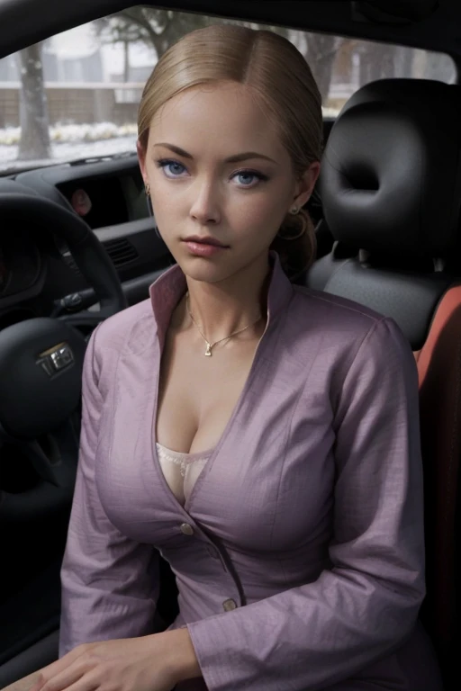T3RMKL0K, a woman in her car, driving, blue eyed, cleavage, Nurse, Nurse Outfit, Nurse Uniform